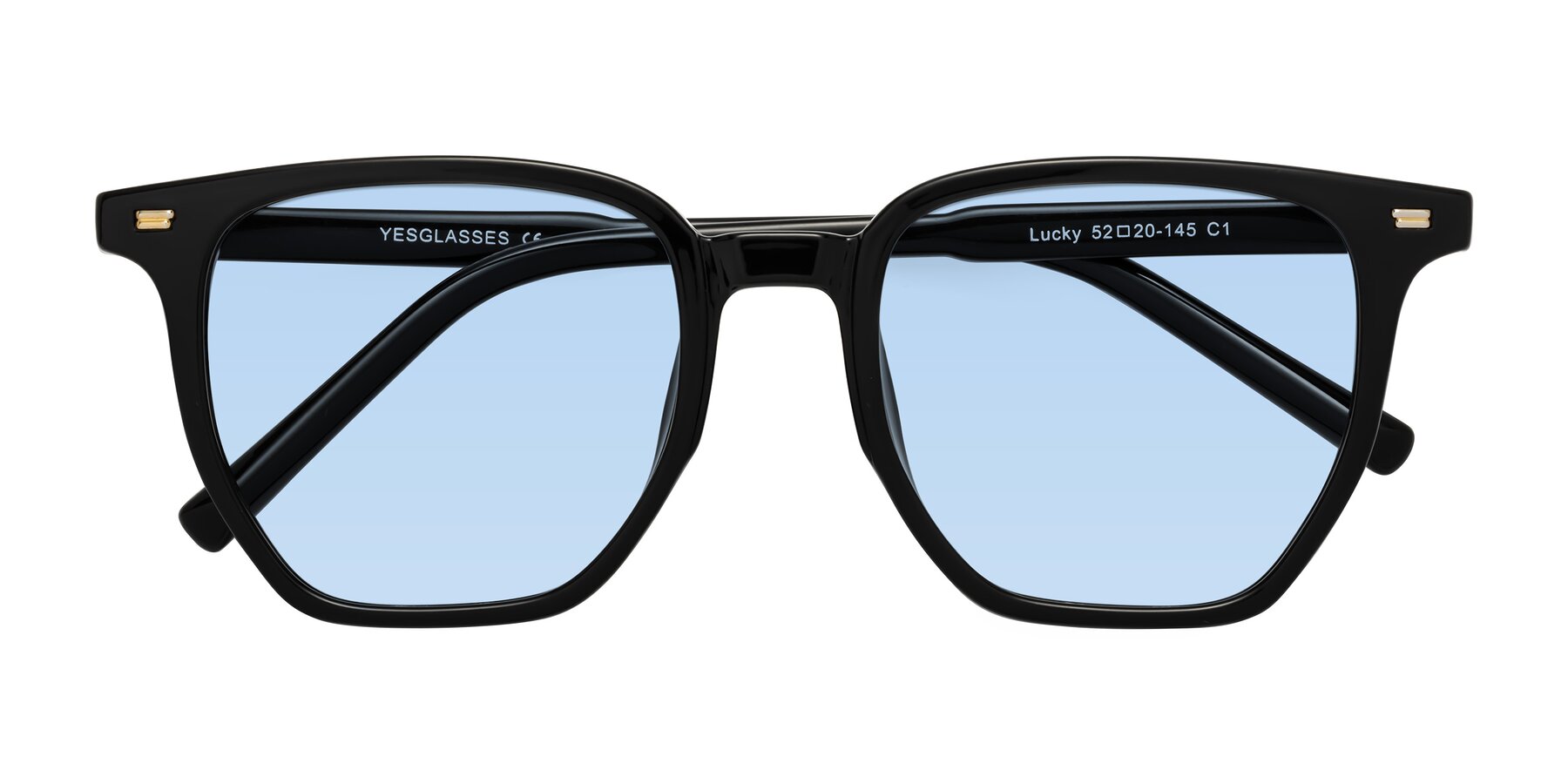 Folded Front of Lucky in Black with Light Blue Tinted Lenses