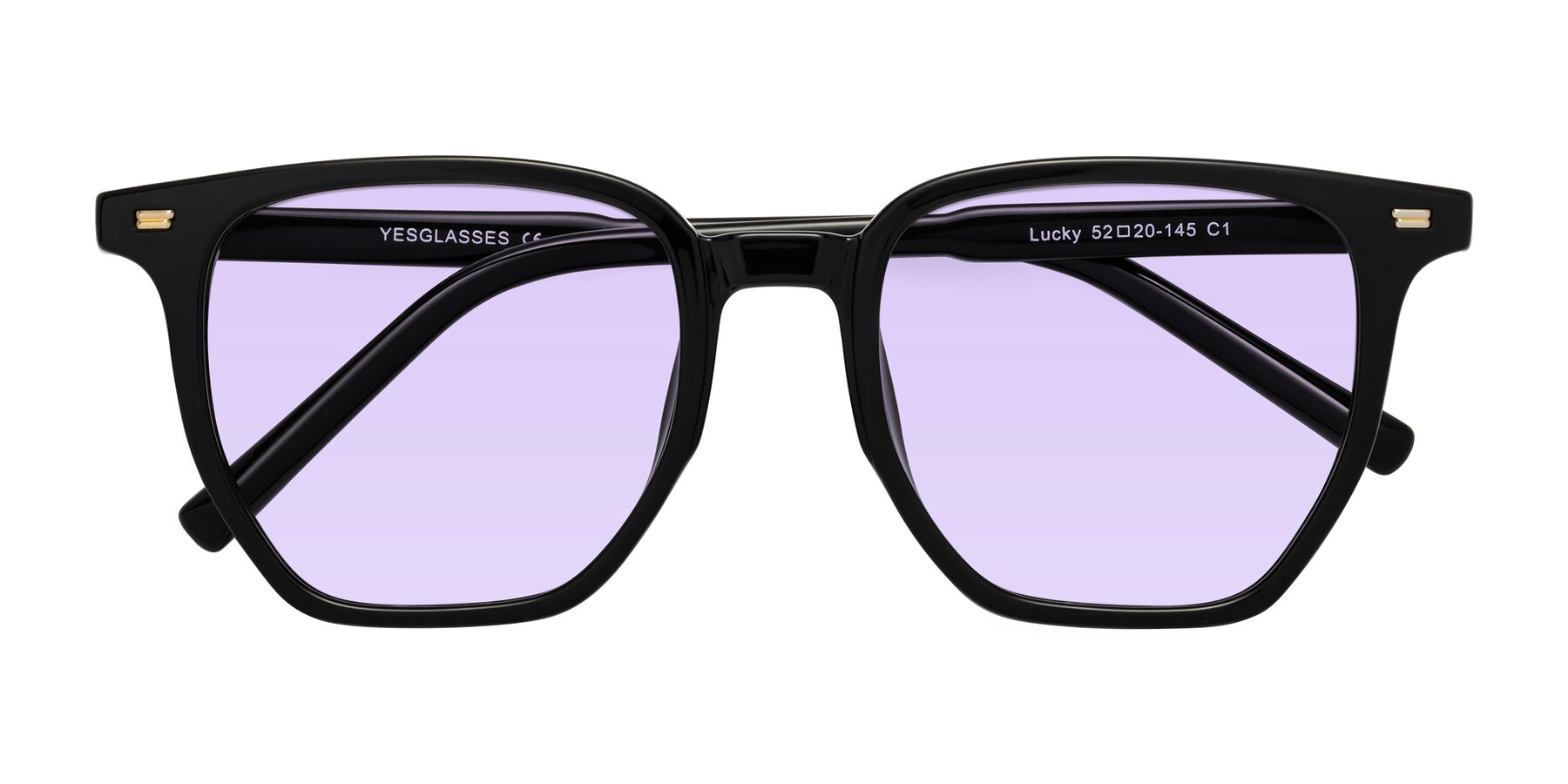 Folded Front of Lucky in Black with Light Purple Tinted Lenses