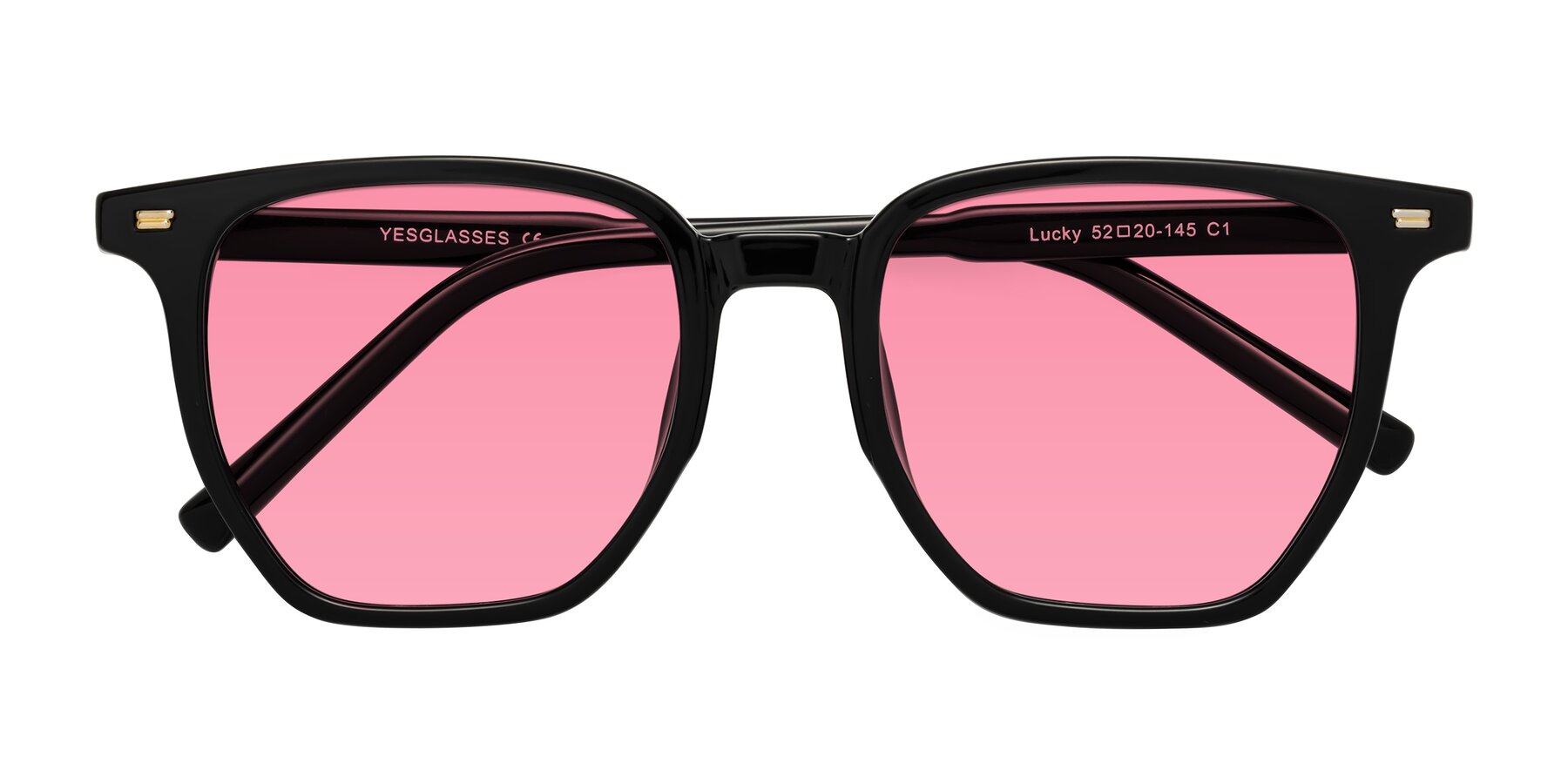 Folded Front of Lucky in Black with Pink Tinted Lenses