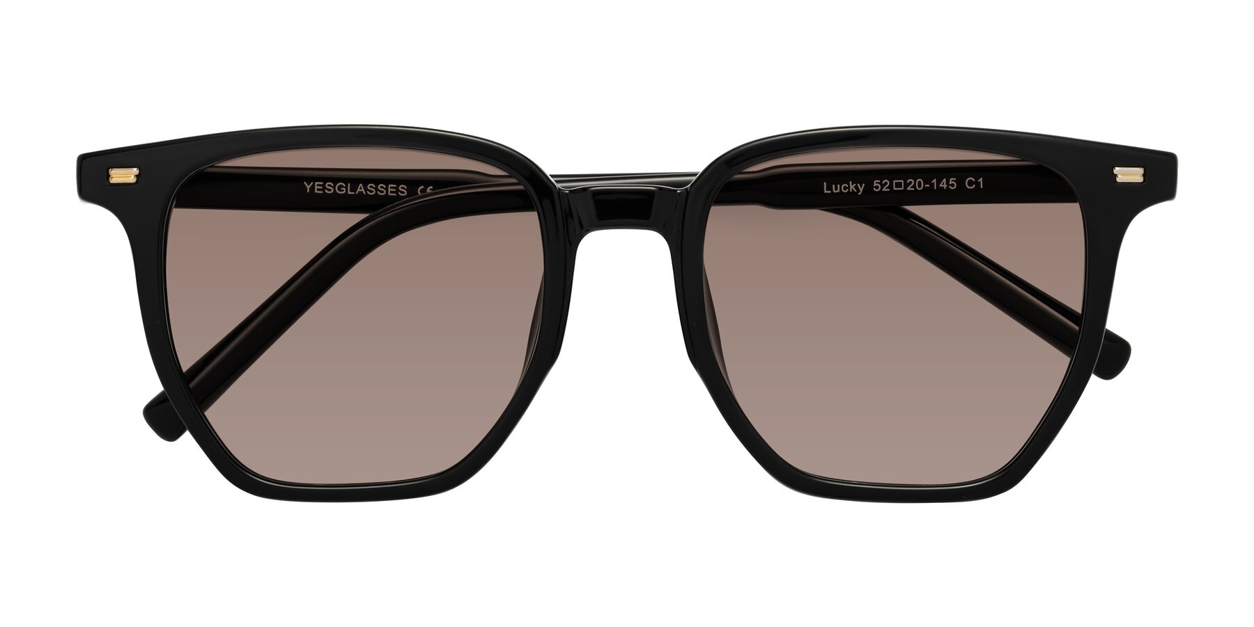 Folded Front of Lucky in Black with Medium Brown Tinted Lenses