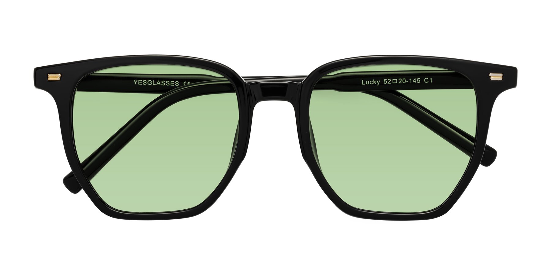 Folded Front of Lucky in Black with Medium Green Tinted Lenses