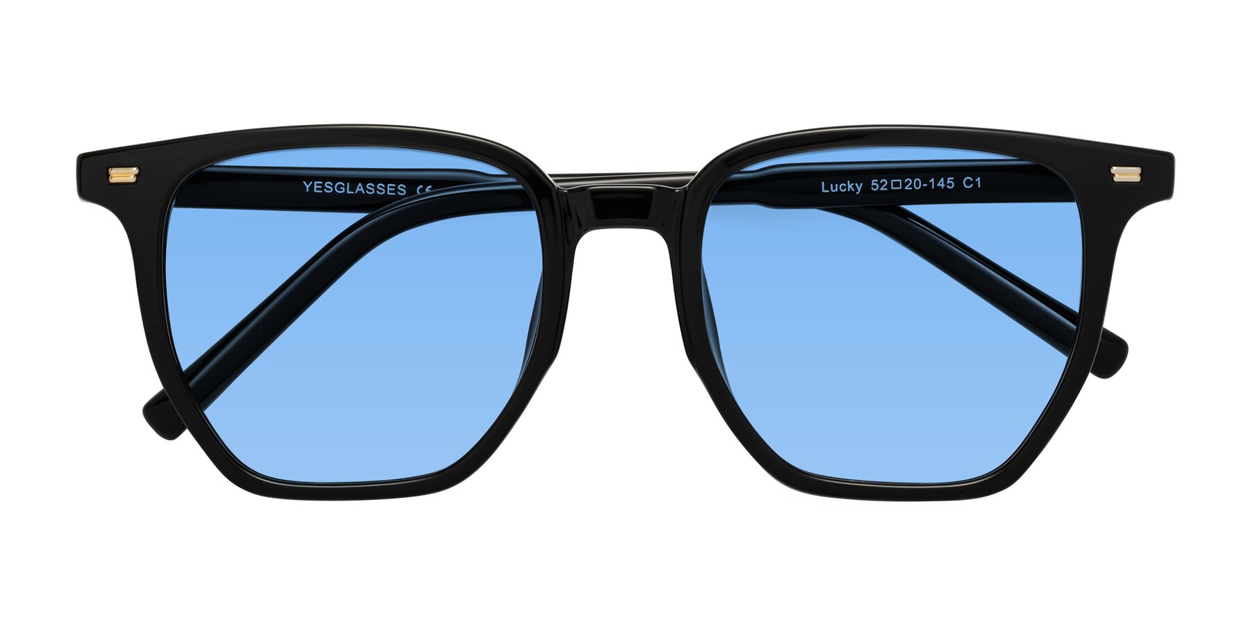 Folded Front of Lucky in Black with Medium Blue Tinted Lenses