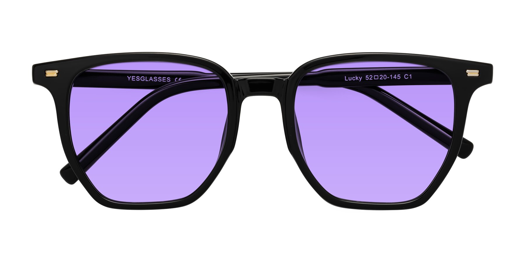 Folded Front of Lucky in Black with Medium Purple Tinted Lenses