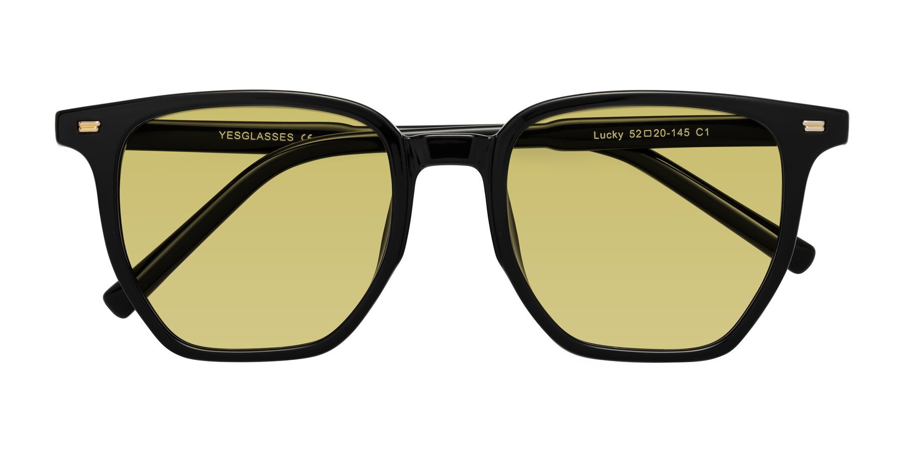 Folded Front of Lucky in Black with Medium Champagne Tinted Lenses