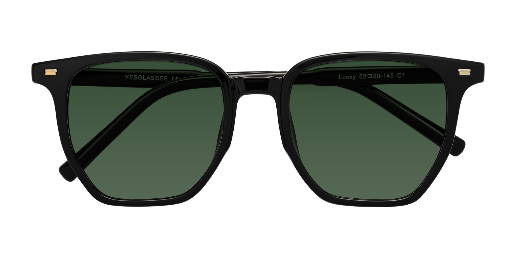 Folded Front of Lucky in Black with Green Tinted Lenses