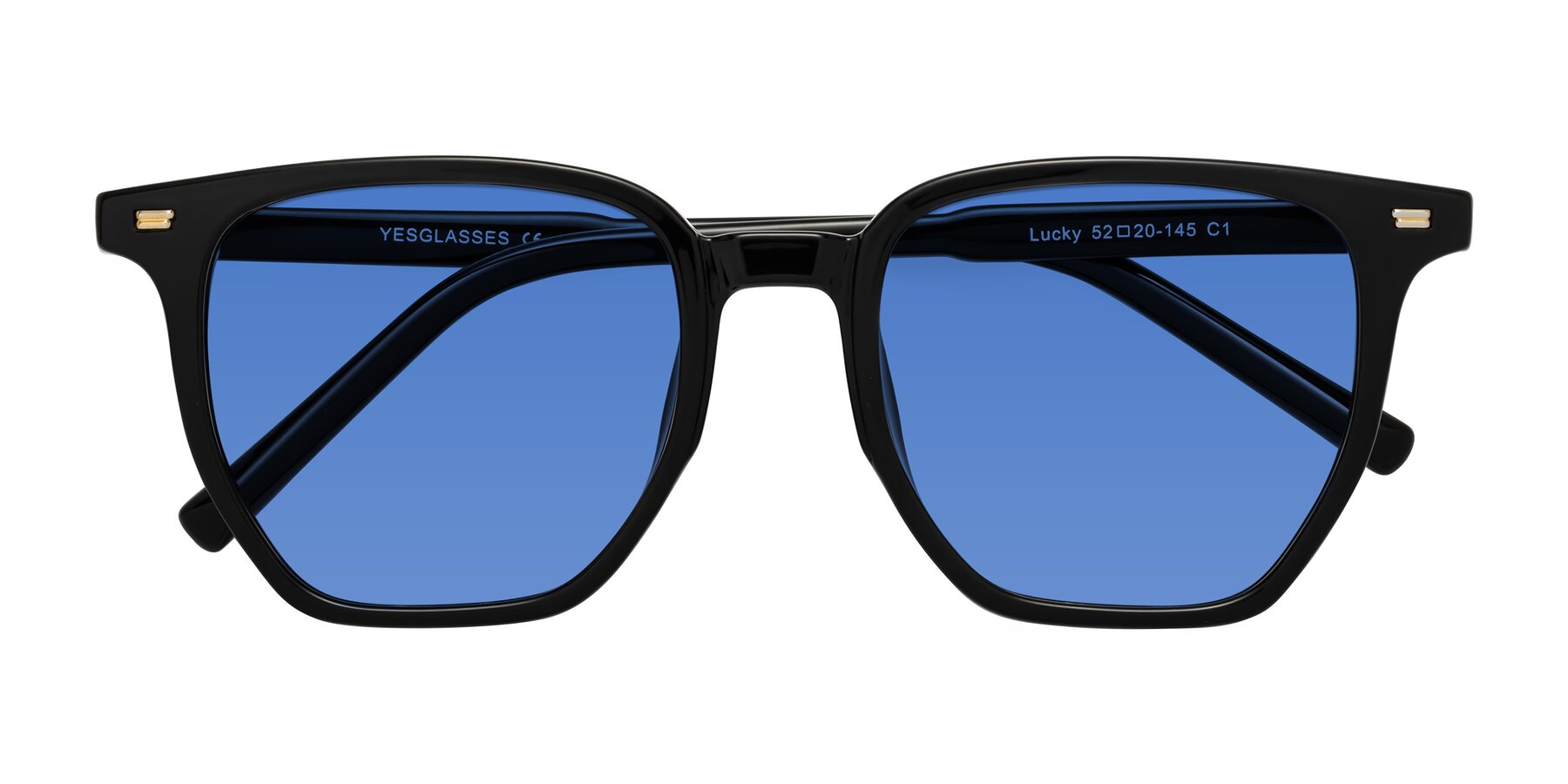 Folded Front of Lucky in Black with Blue Tinted Lenses