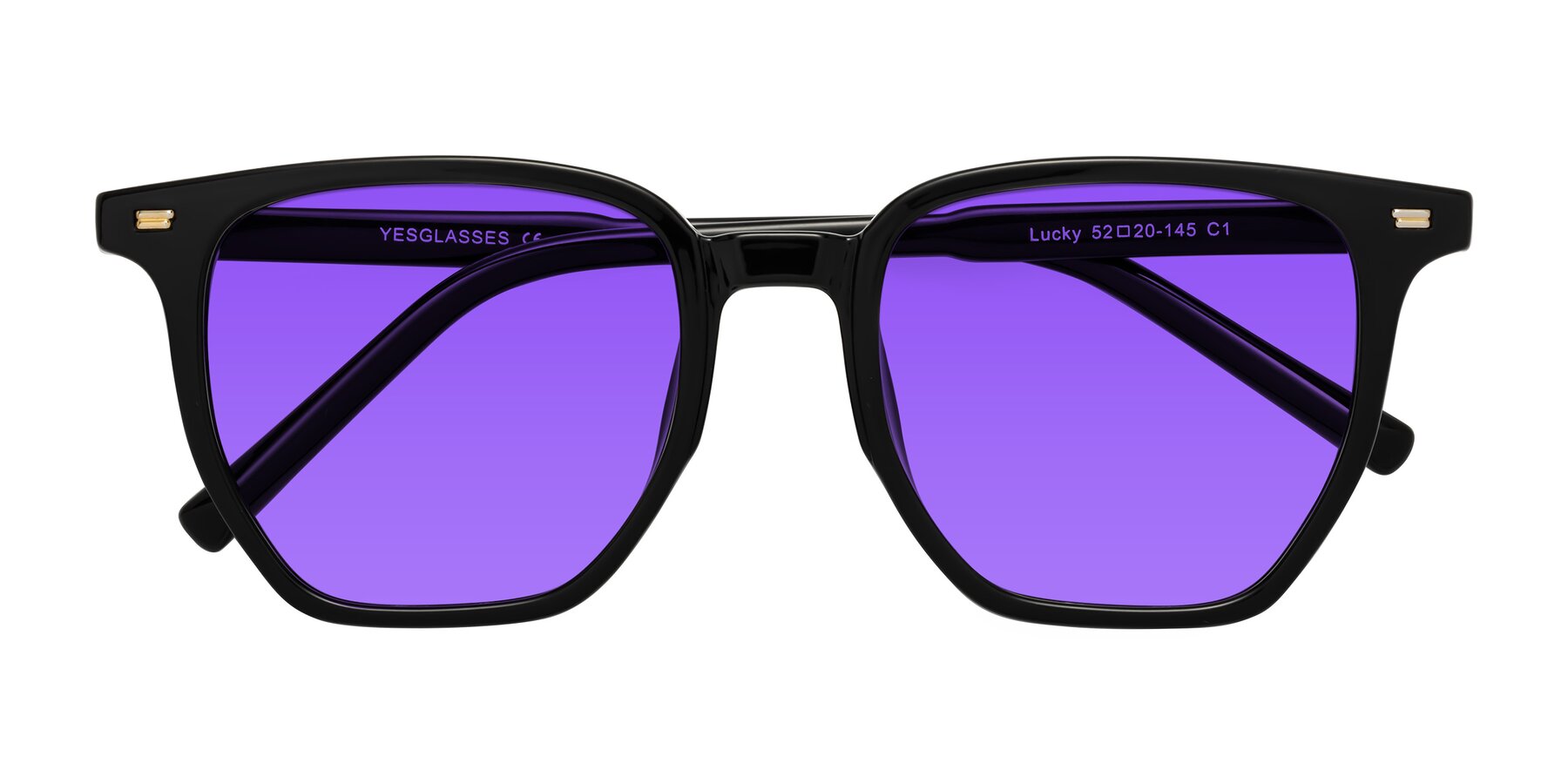 Folded Front of Lucky in Black with Purple Tinted Lenses