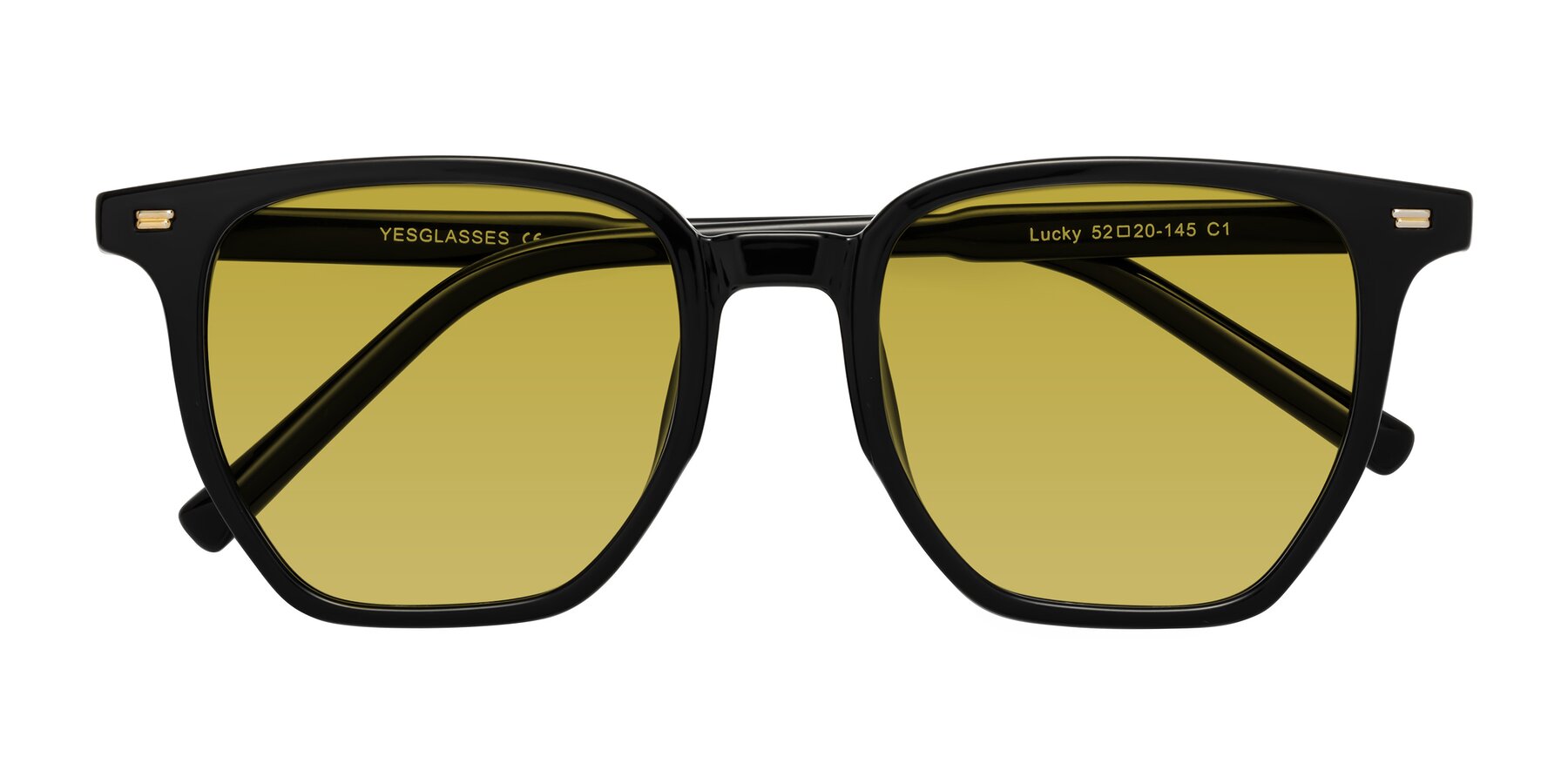 Folded Front of Lucky in Black with Champagne Tinted Lenses