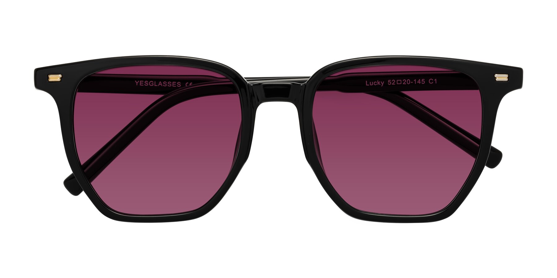 Folded Front of Lucky in Black with Wine Tinted Lenses