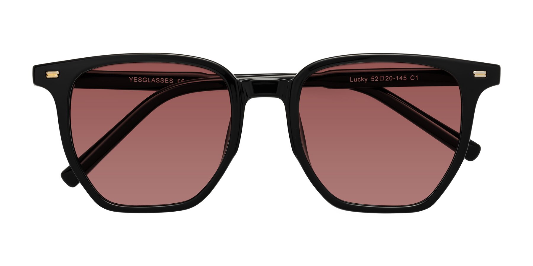 Folded Front of Lucky in Black with Garnet Tinted Lenses