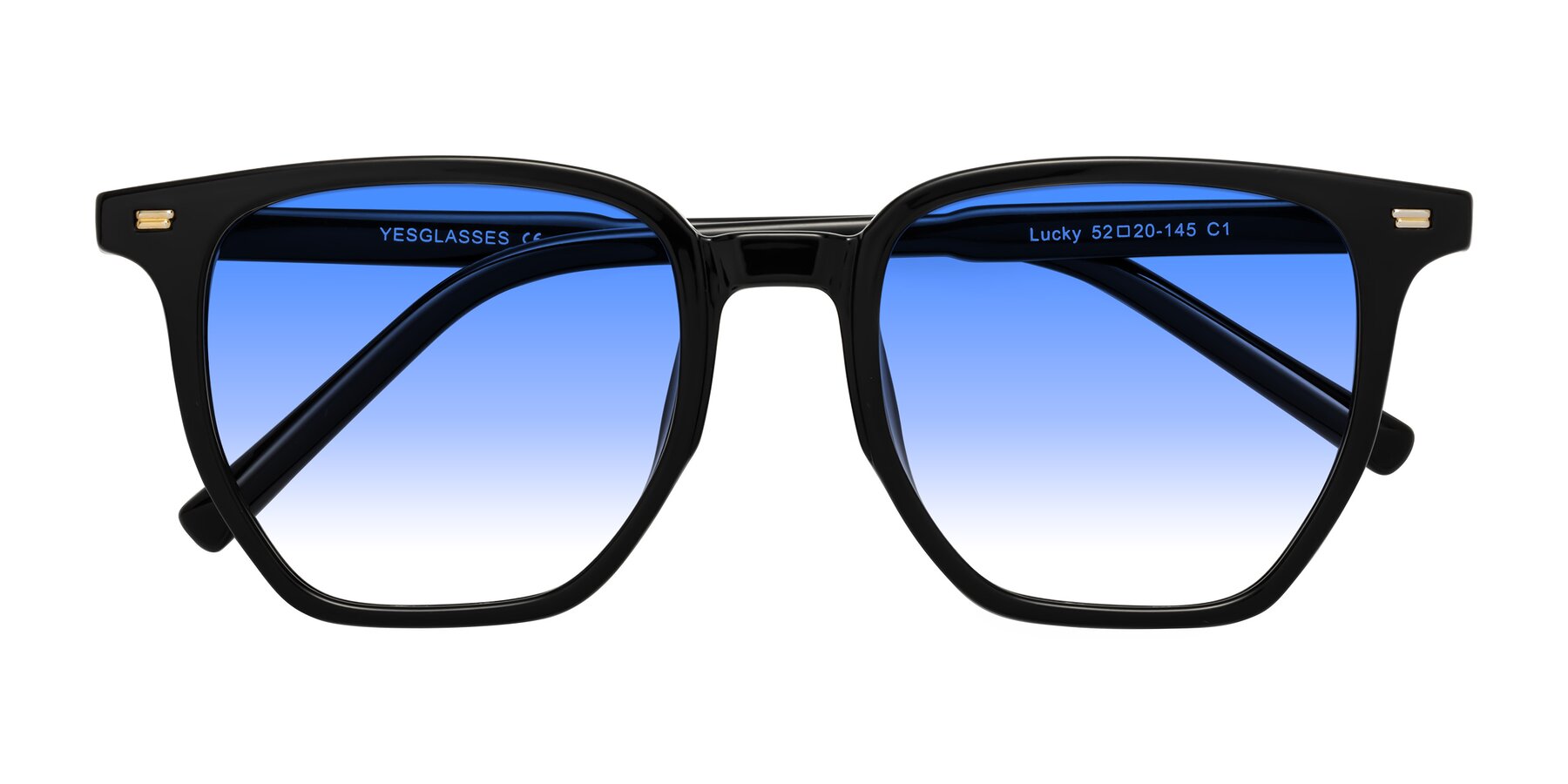 Folded Front of Lucky in Black with Blue Gradient Lenses