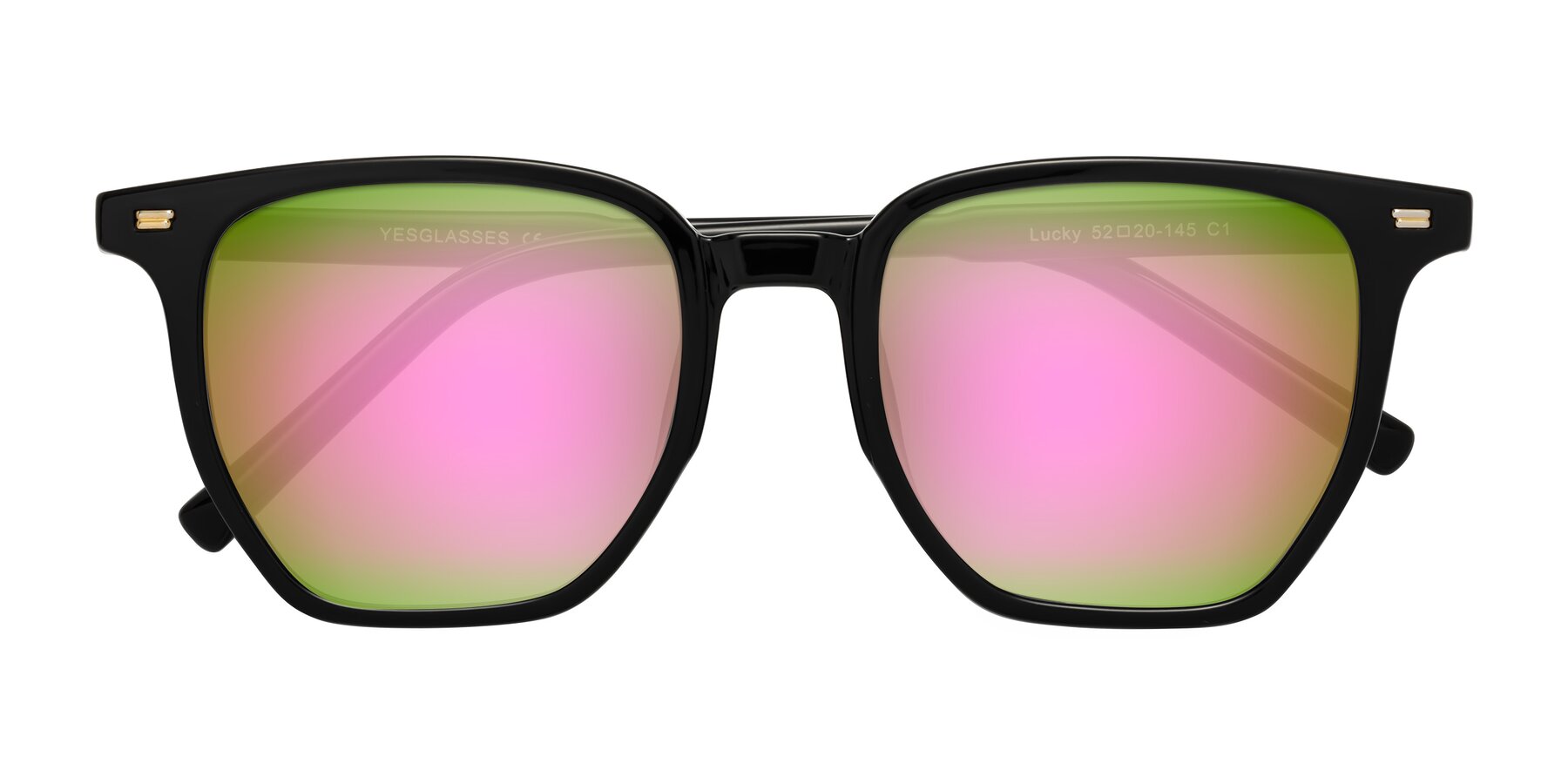 Folded Front of Lucky in Black with Pink Mirrored Lenses