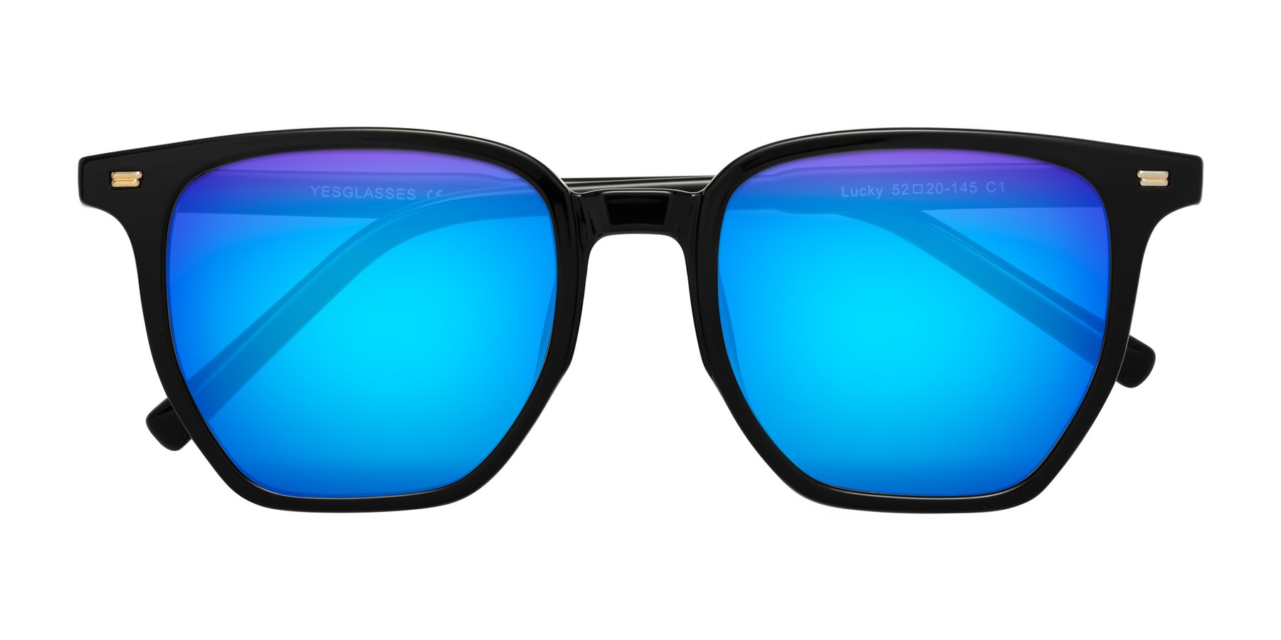 Folded Front of Lucky in Black with Blue Mirrored Lenses