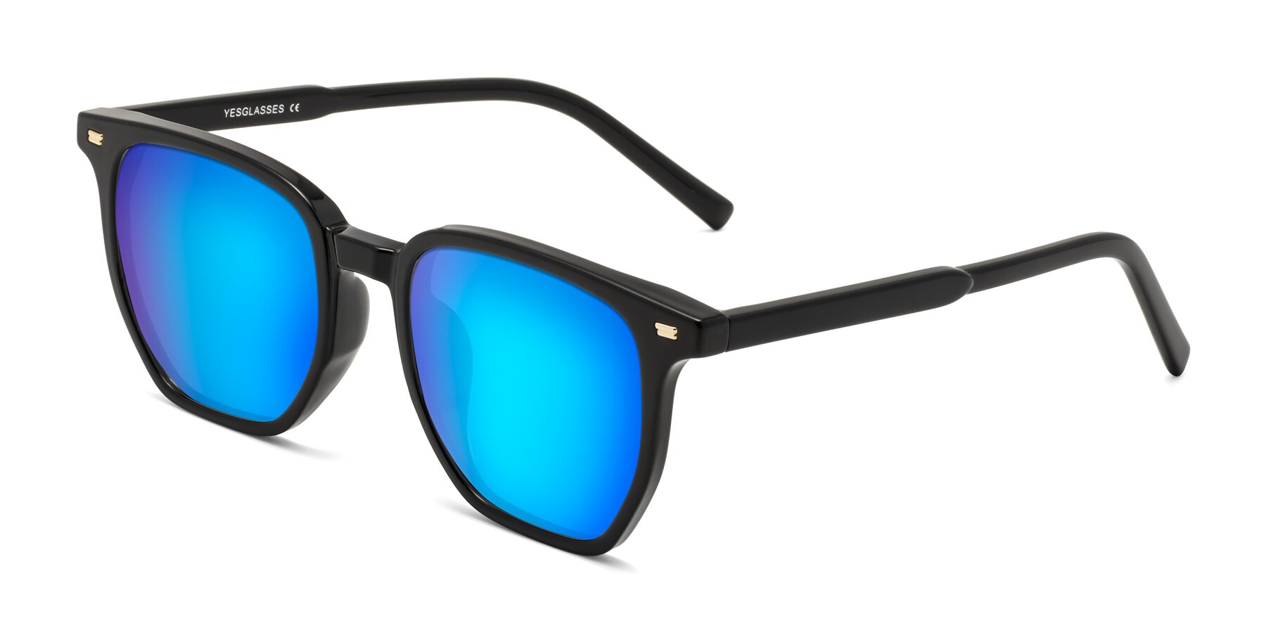 Angle of Lucky in Black with Blue Mirrored Lenses