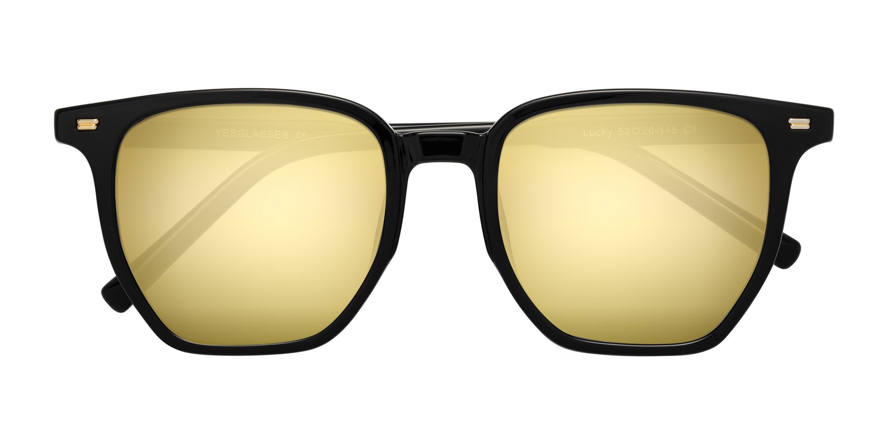 Folded Front of Lucky in Black with Gold Mirrored Lenses