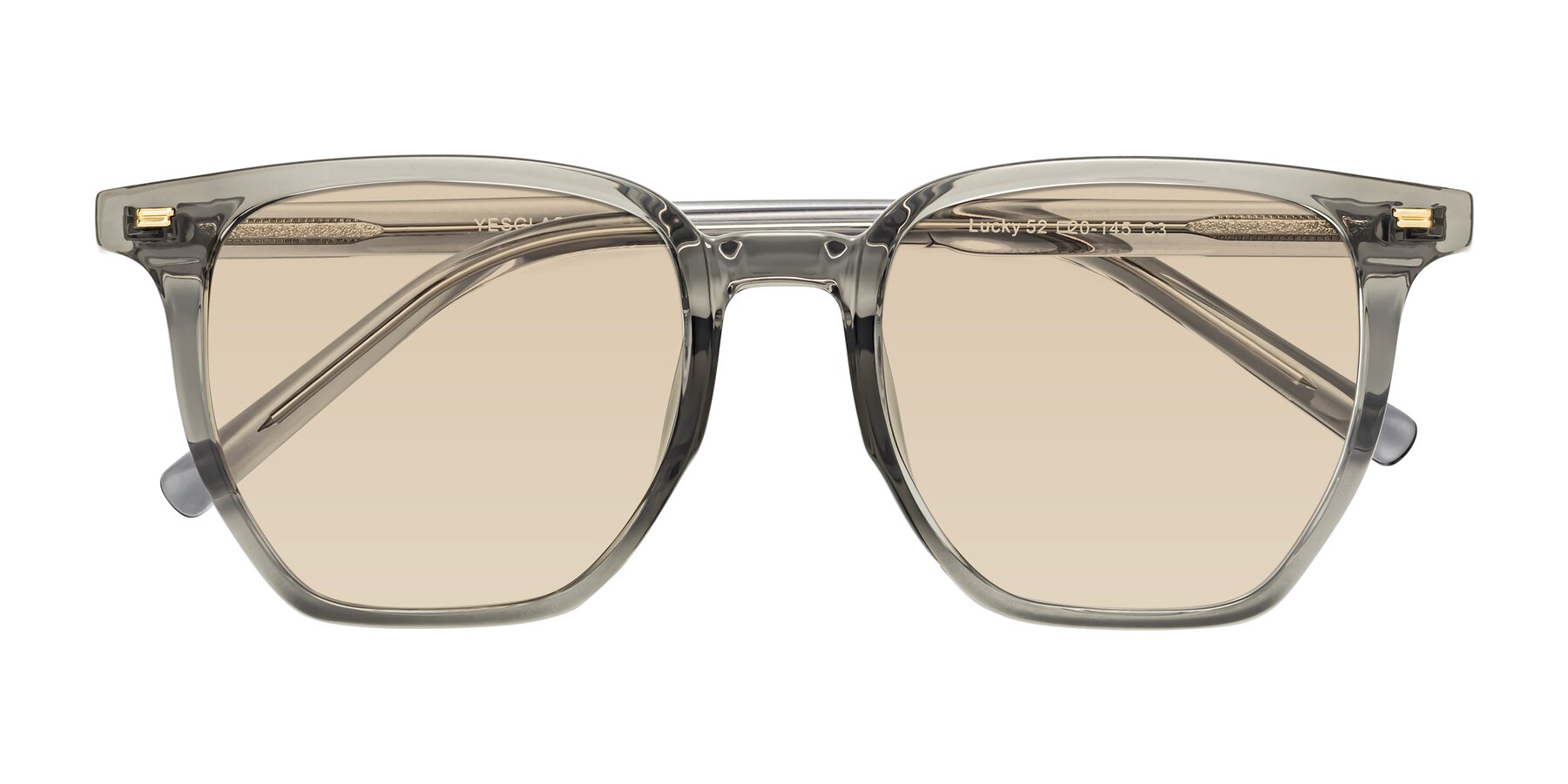 Folded Front of Lucky in Translucent Gray with Light Brown Tinted Lenses