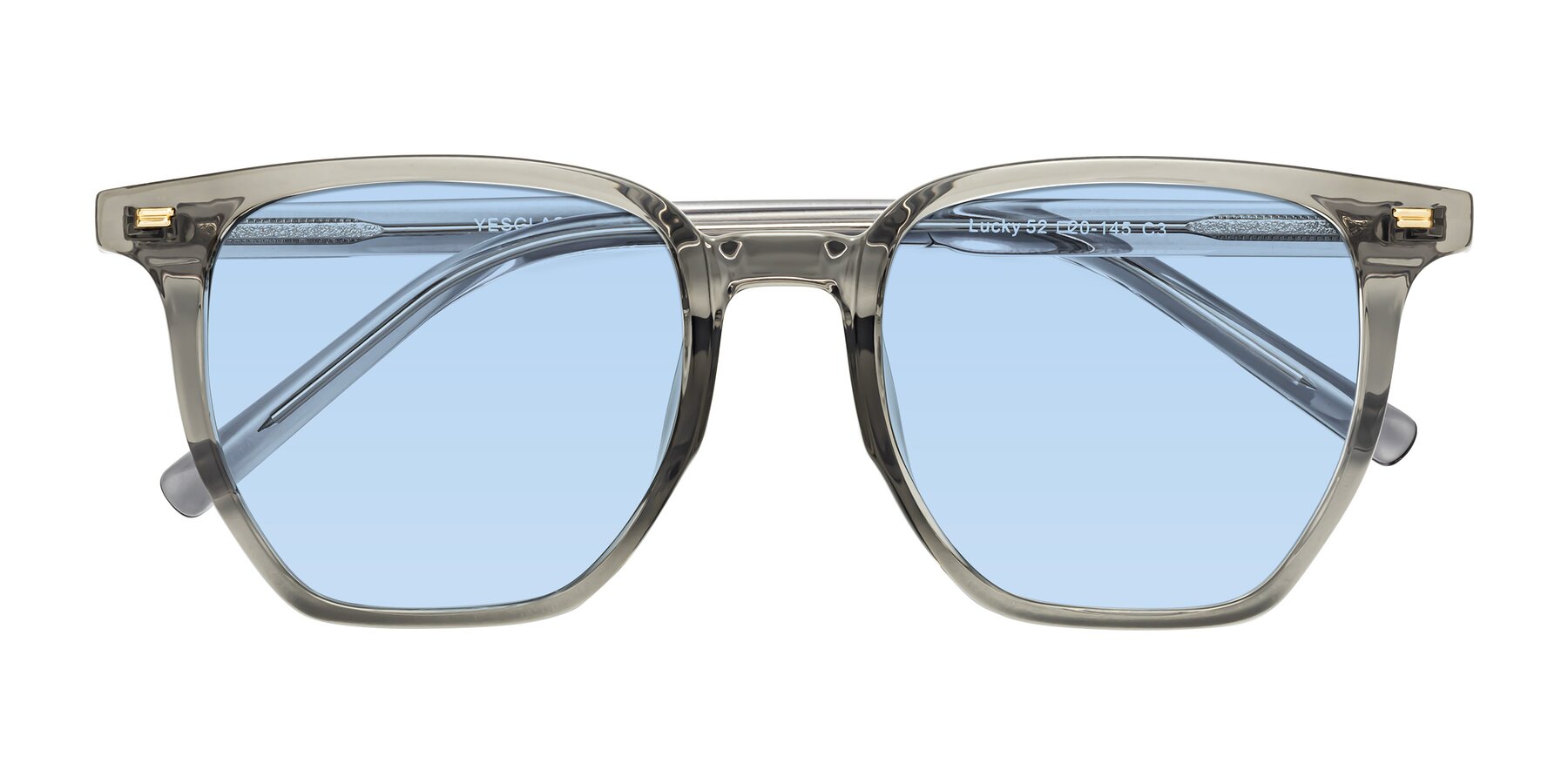 Folded Front of Lucky in Translucent Gray with Light Blue Tinted Lenses