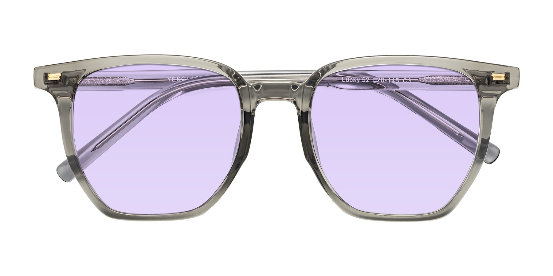 Folded Front of Lucky in Translucent Gray with Light Purple Tinted Lenses