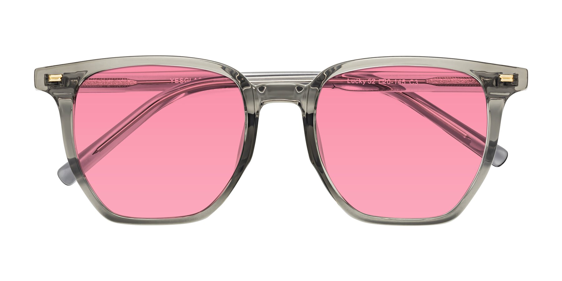 Folded Front of Lucky in Translucent Gray with Pink Tinted Lenses