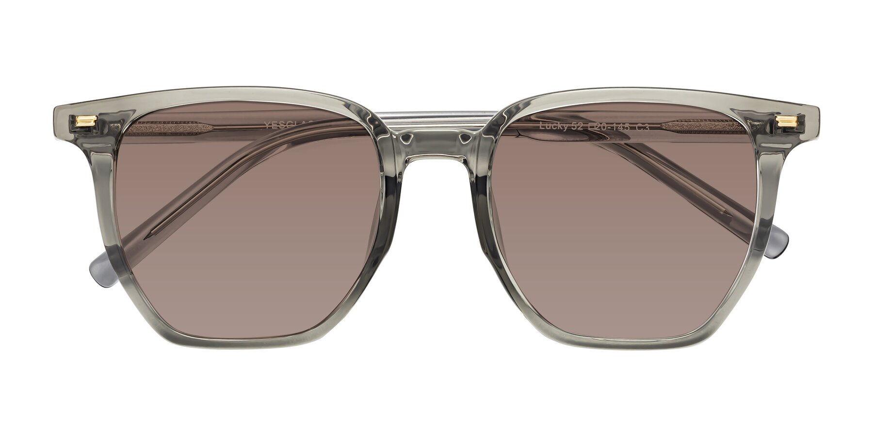 Folded Front of Lucky in Translucent Gray with Medium Brown Tinted Lenses