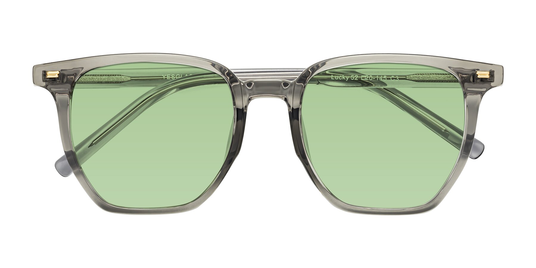 Folded Front of Lucky in Translucent Gray with Medium Green Tinted Lenses