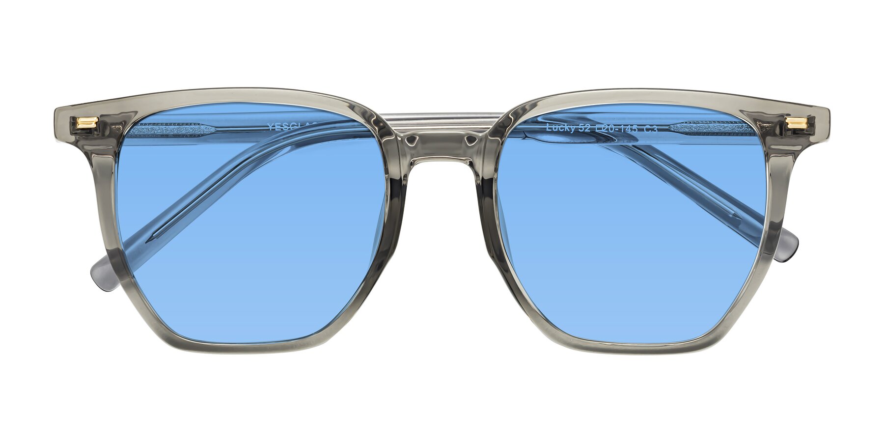 Folded Front of Lucky in Translucent Gray with Medium Blue Tinted Lenses