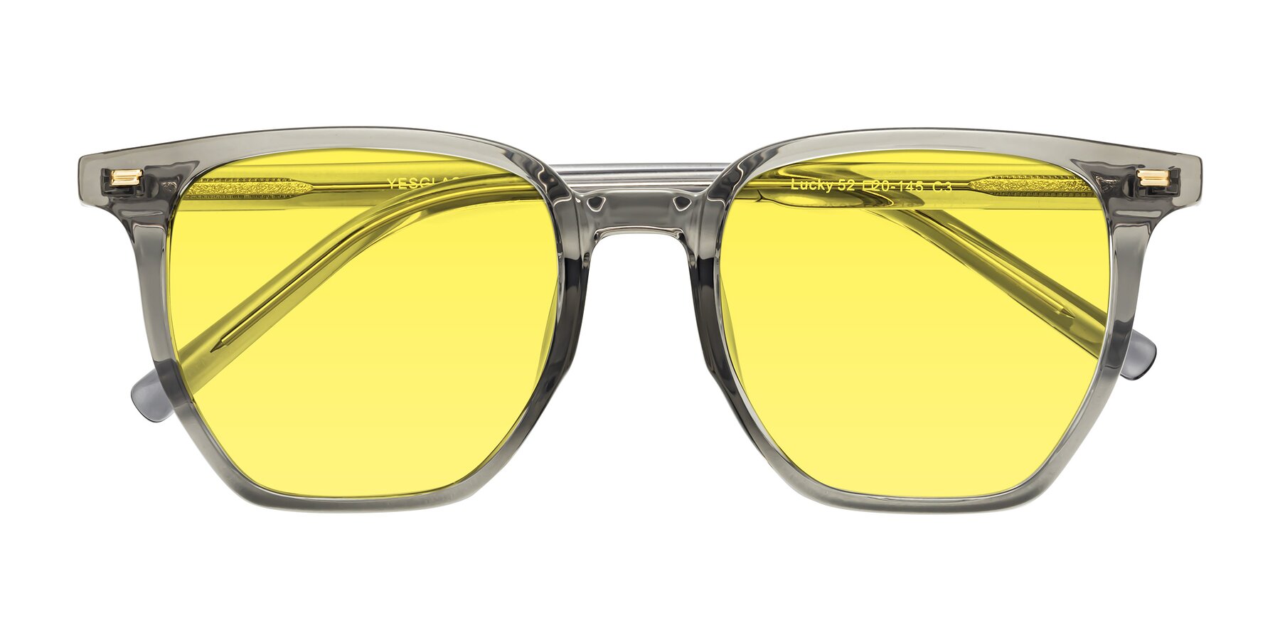 Folded Front of Lucky in Translucent Gray with Medium Yellow Tinted Lenses