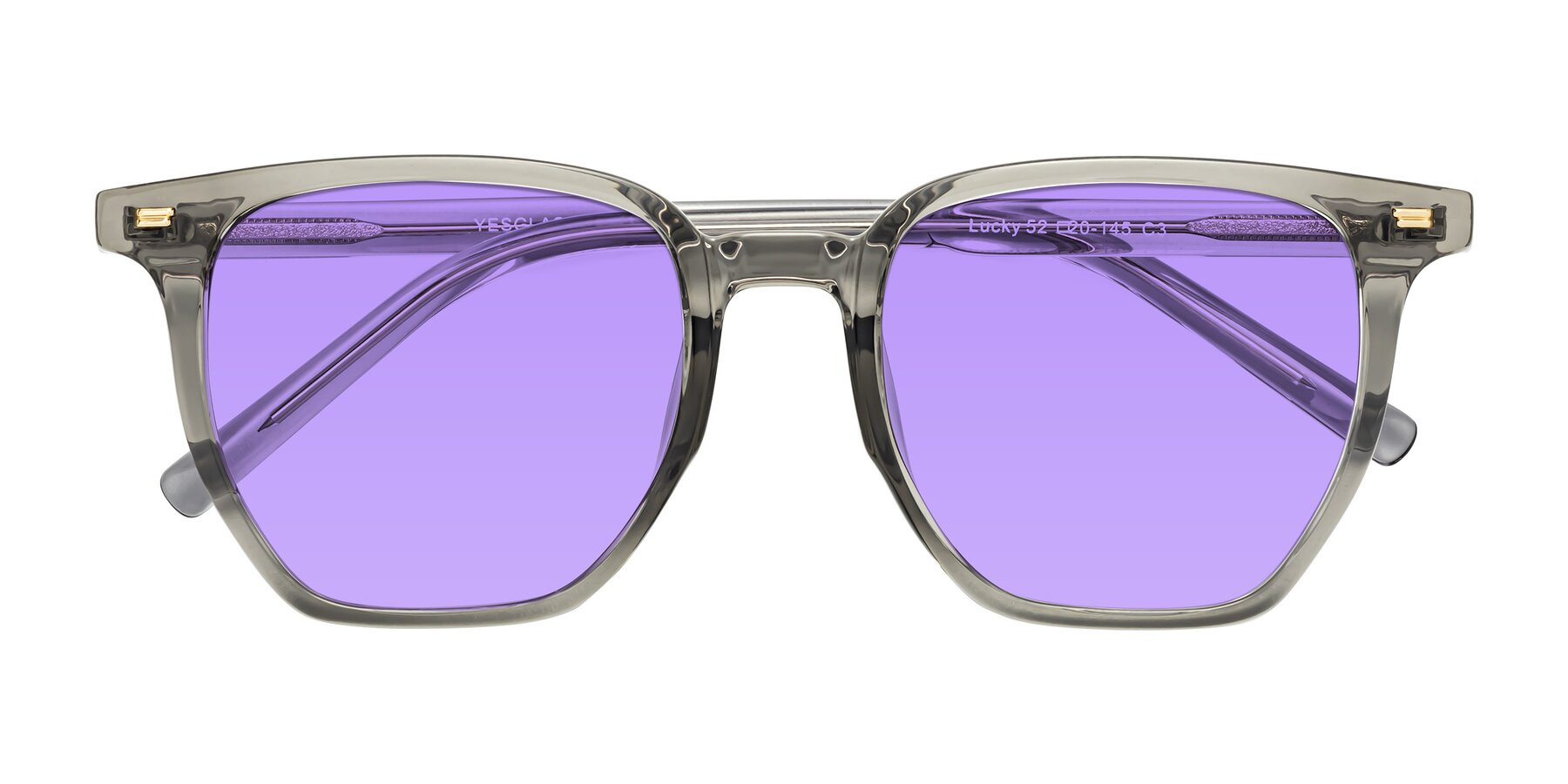 Folded Front of Lucky in Translucent Gray with Medium Purple Tinted Lenses