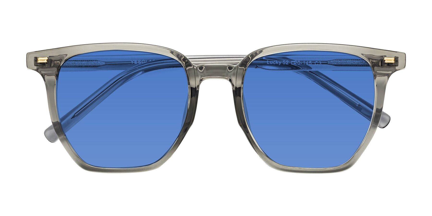 Folded Front of Lucky in Translucent Gray with Blue Tinted Lenses