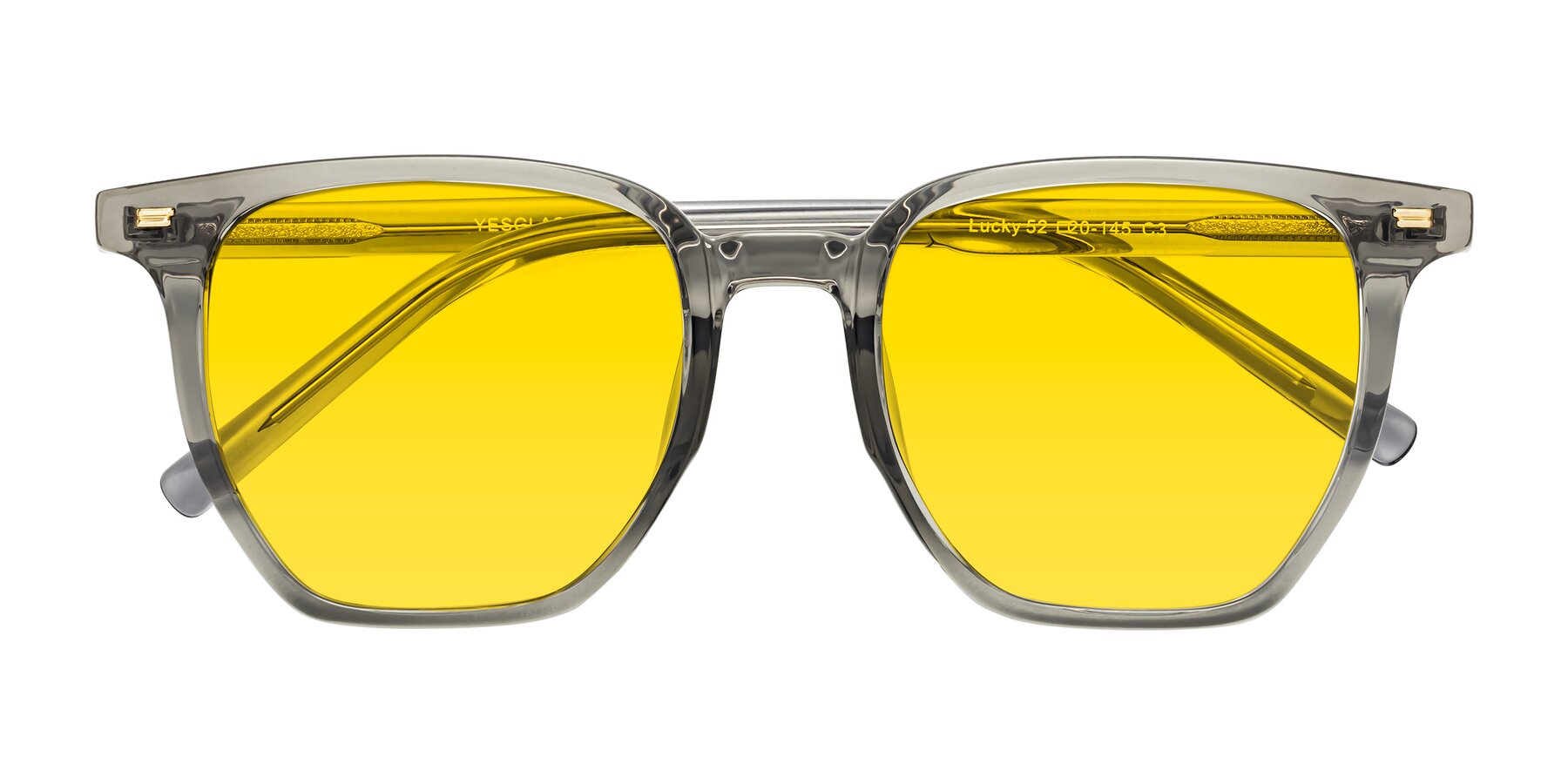 Folded Front of Lucky in Translucent Gray with Yellow Tinted Lenses