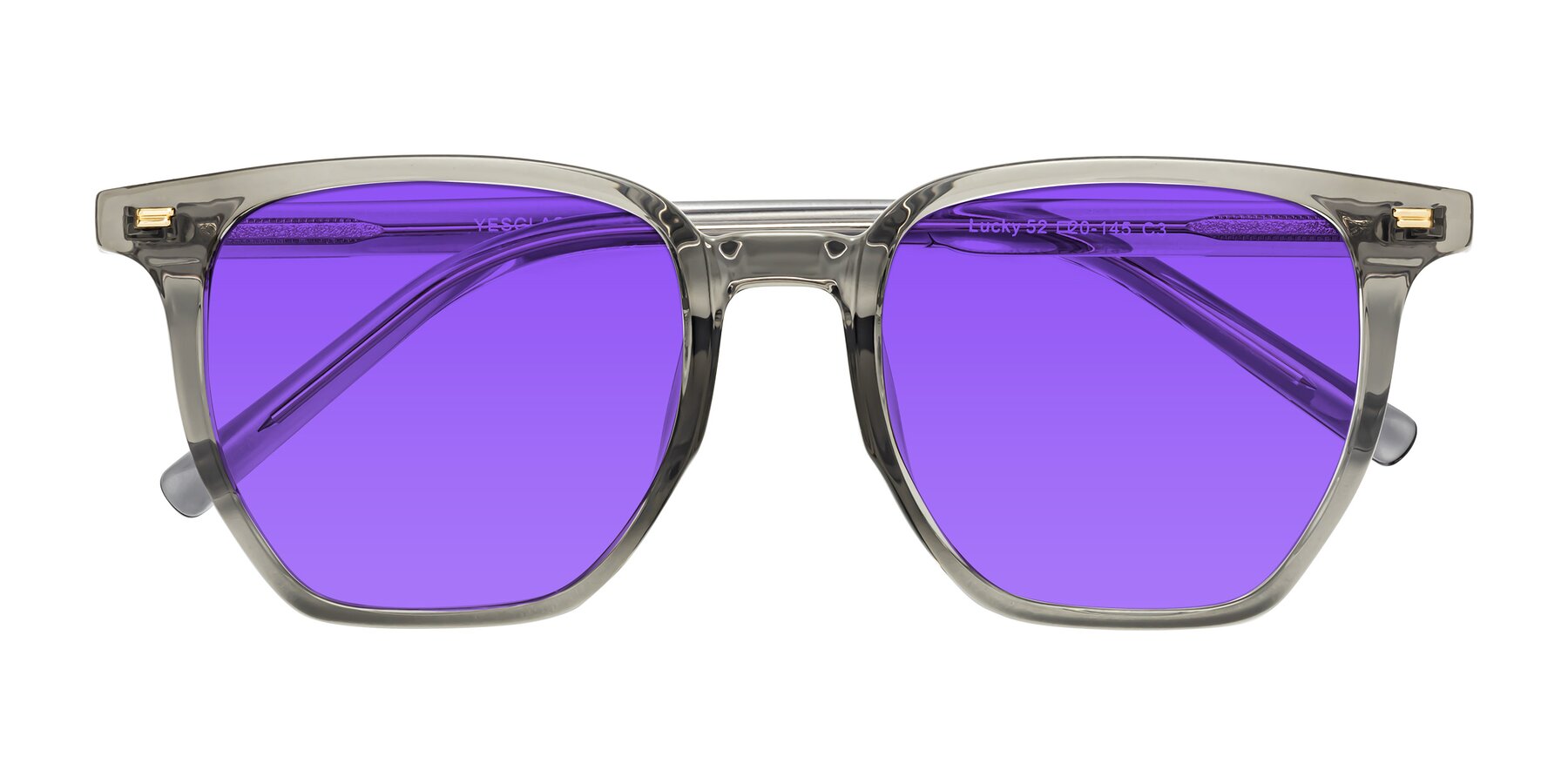 Folded Front of Lucky in Translucent Gray with Purple Tinted Lenses