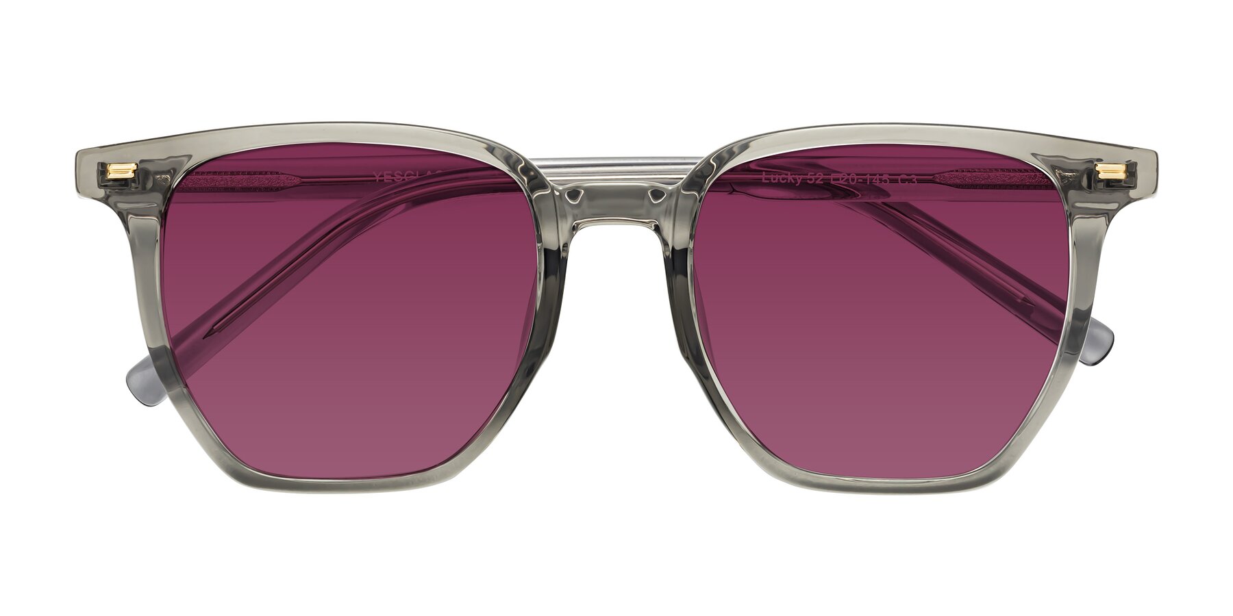 Folded Front of Lucky in Translucent Gray with Wine Tinted Lenses