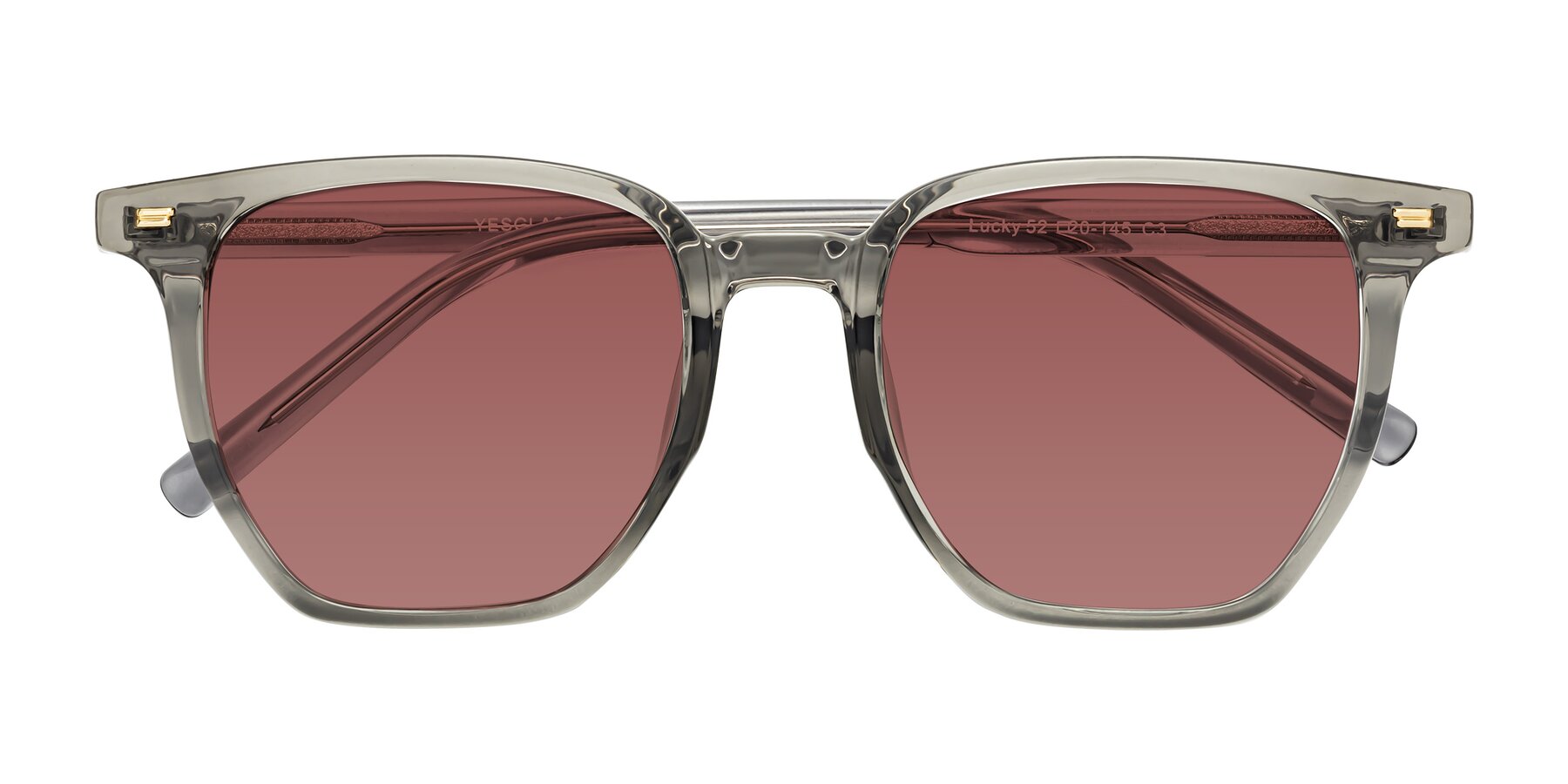 Folded Front of Lucky in Translucent Gray with Garnet Tinted Lenses