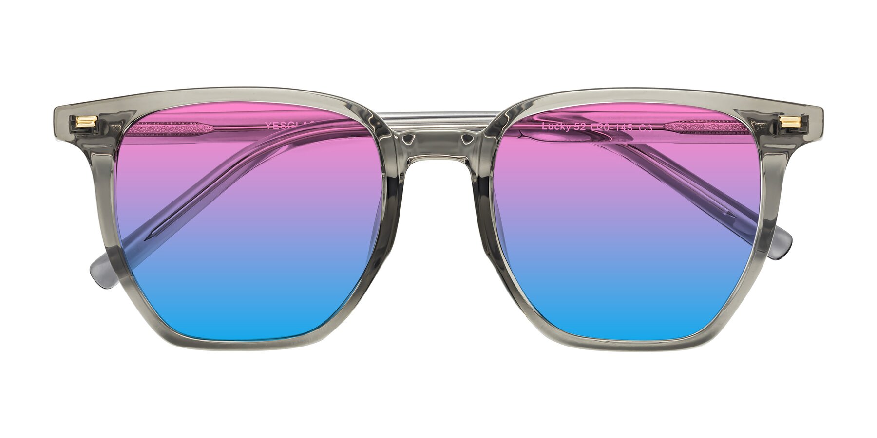 Folded Front of Lucky in Translucent Gray with Pink / Blue Gradient Lenses