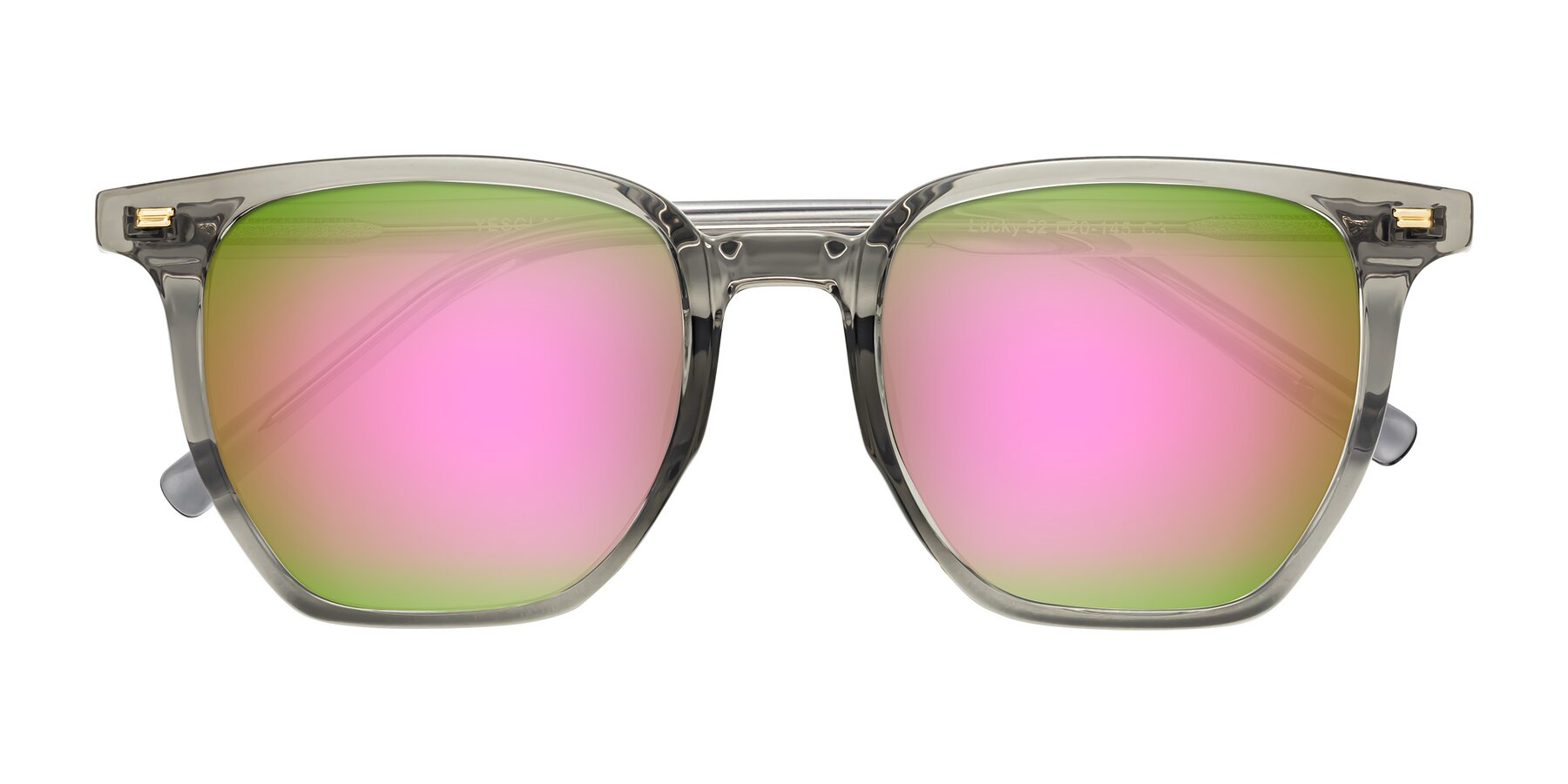 Folded Front of Lucky in Translucent Gray with Pink Mirrored Lenses