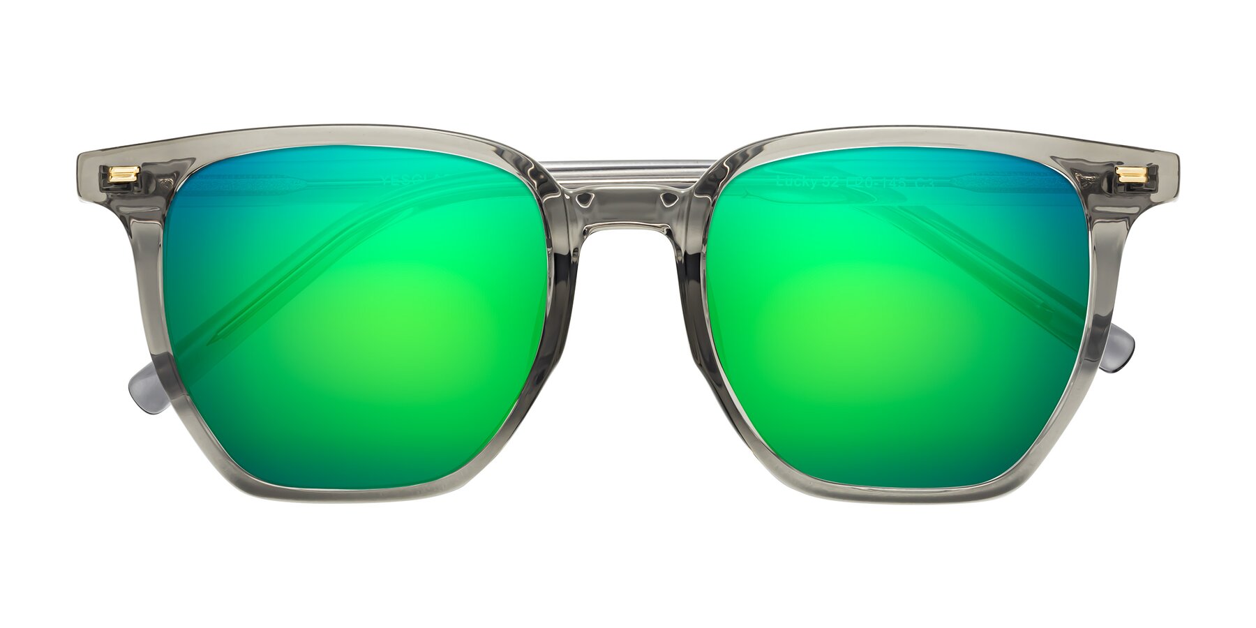 Folded Front of Lucky in Translucent Gray with Green Mirrored Lenses