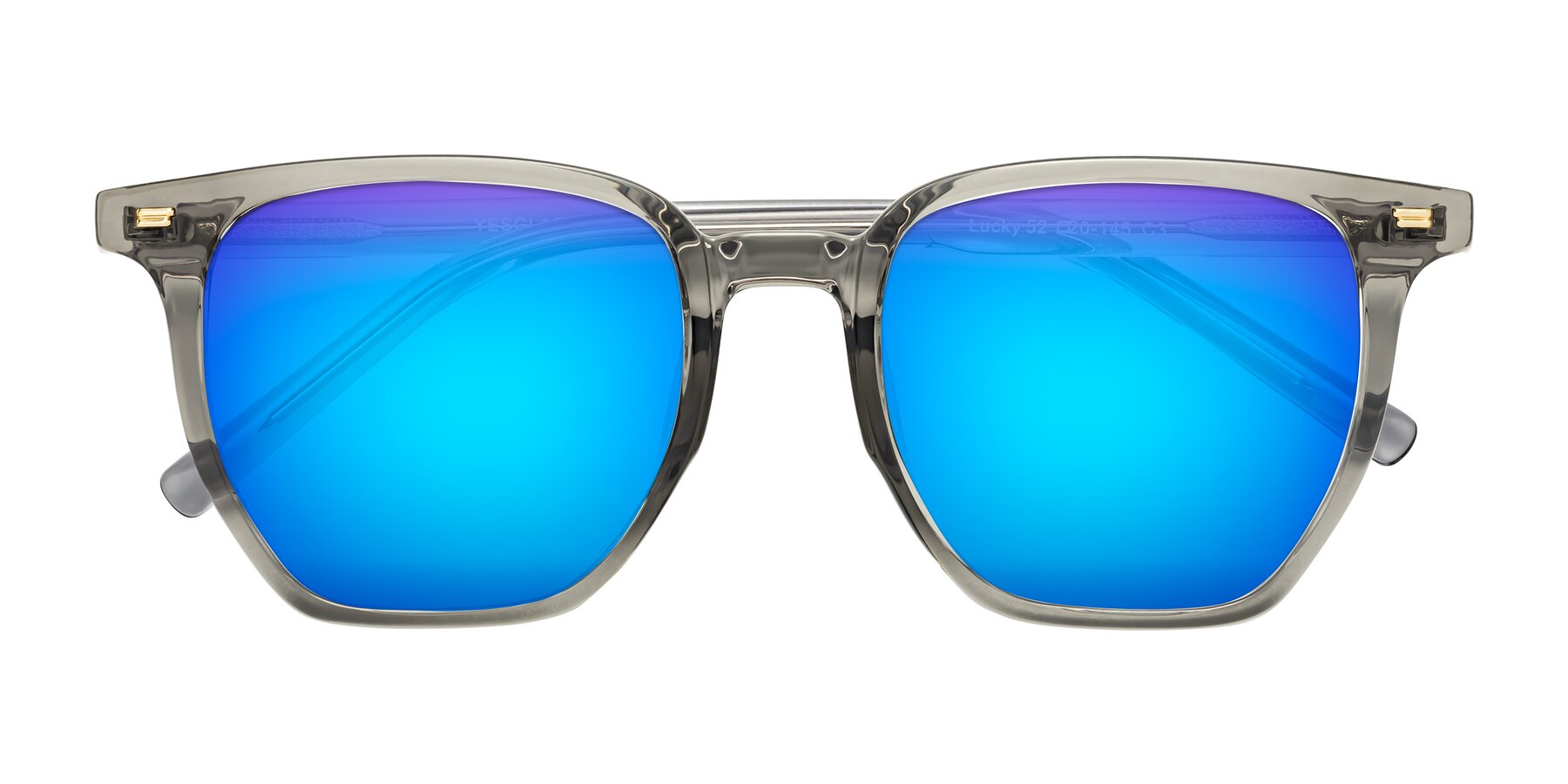 Folded Front of Lucky in Translucent Gray with Blue Mirrored Lenses