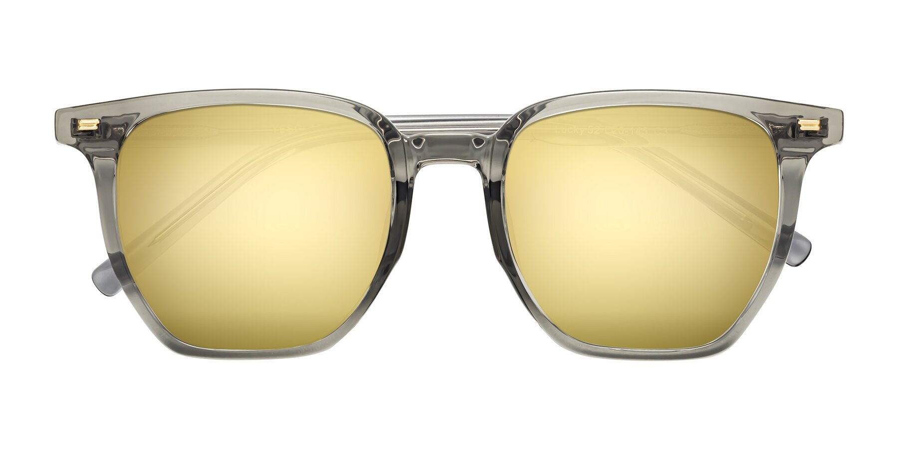 Folded Front of Lucky in Translucent Gray with Gold Mirrored Lenses