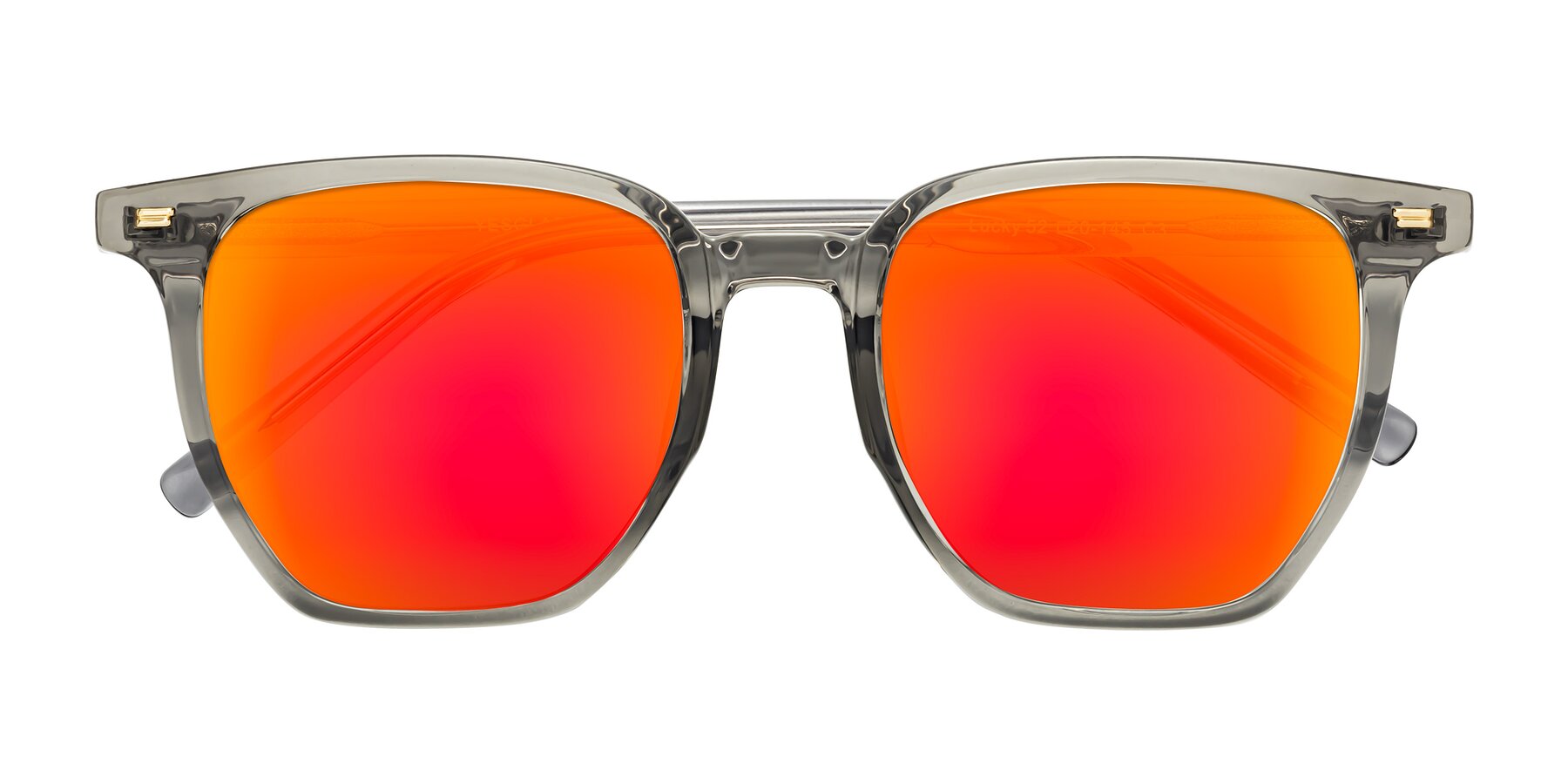 Folded Front of Lucky in Translucent Gray with Red Gold Mirrored Lenses