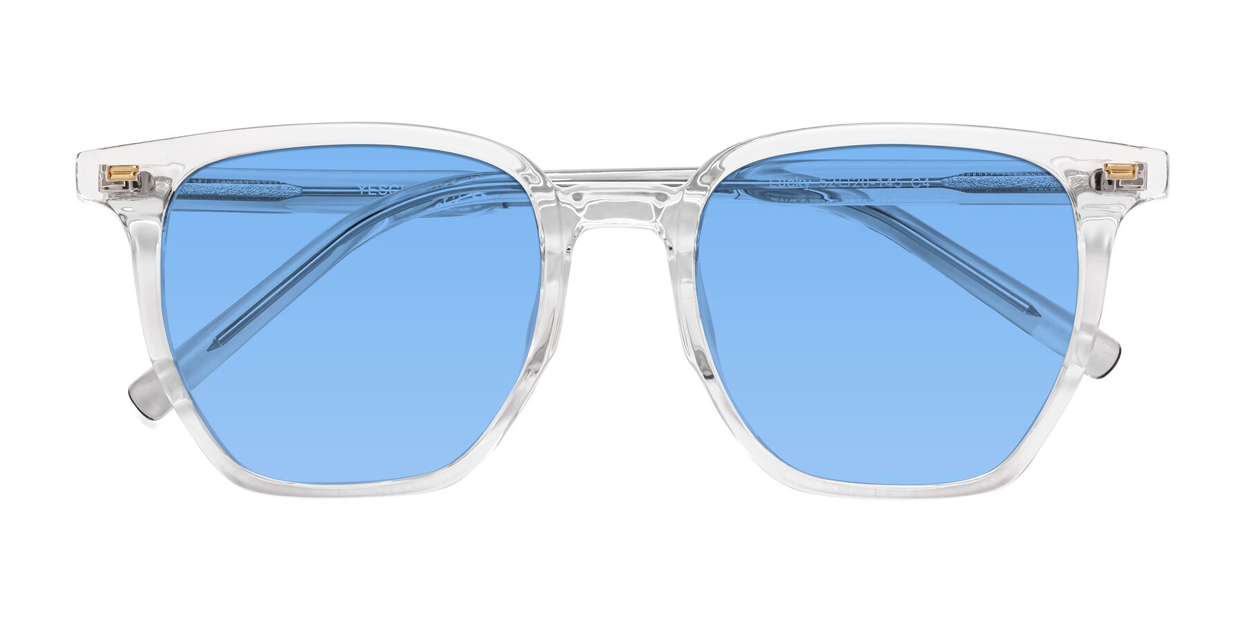 Folded Front of Lucky in Clear with Medium Blue Tinted Lenses