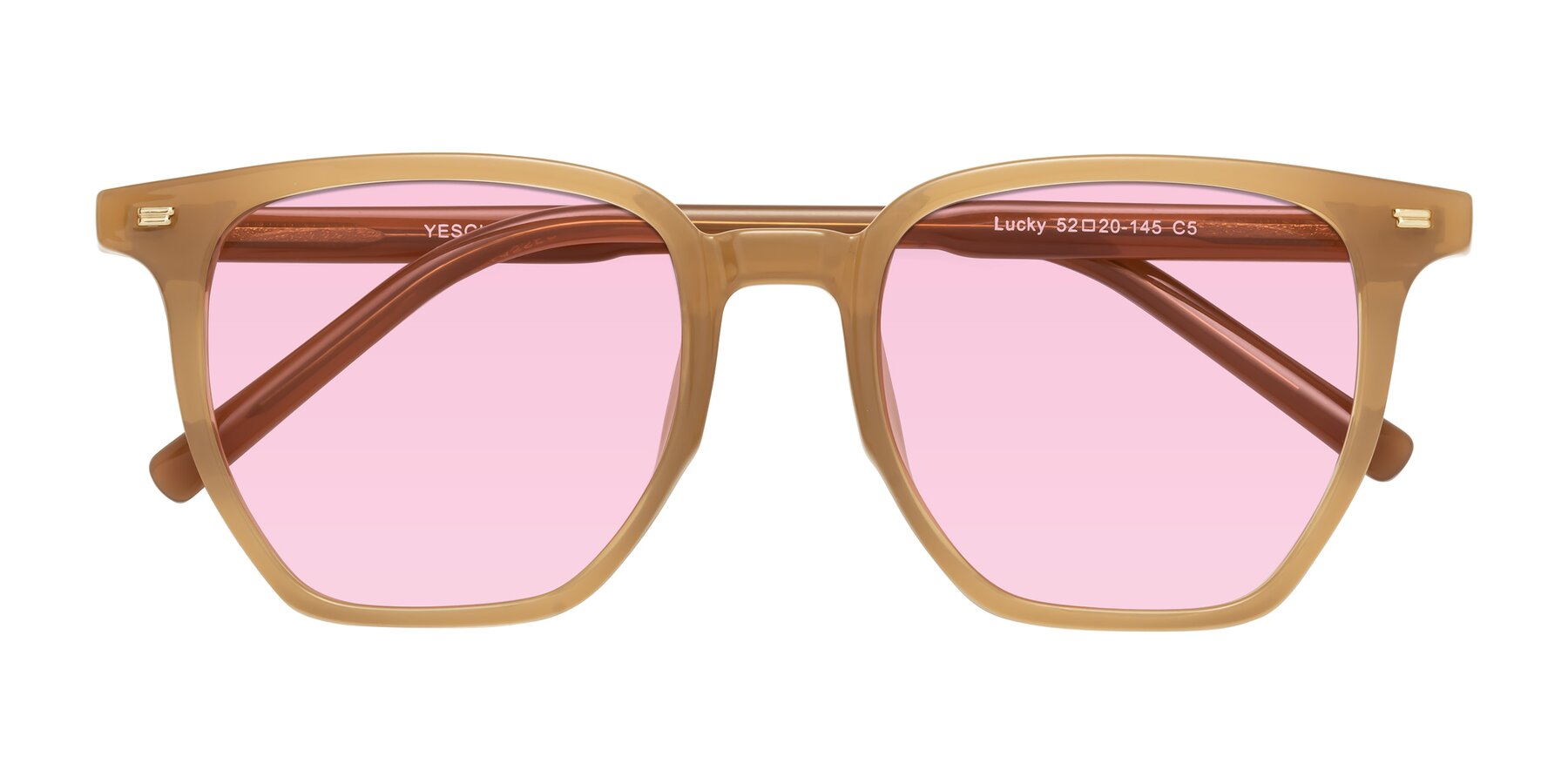 Folded Front of Lucky in Caramel with Light Pink Tinted Lenses