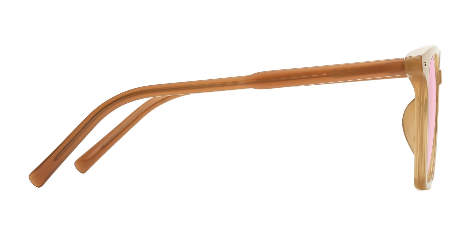 Side of Lucky in Caramel with Light Pink Tinted Lenses