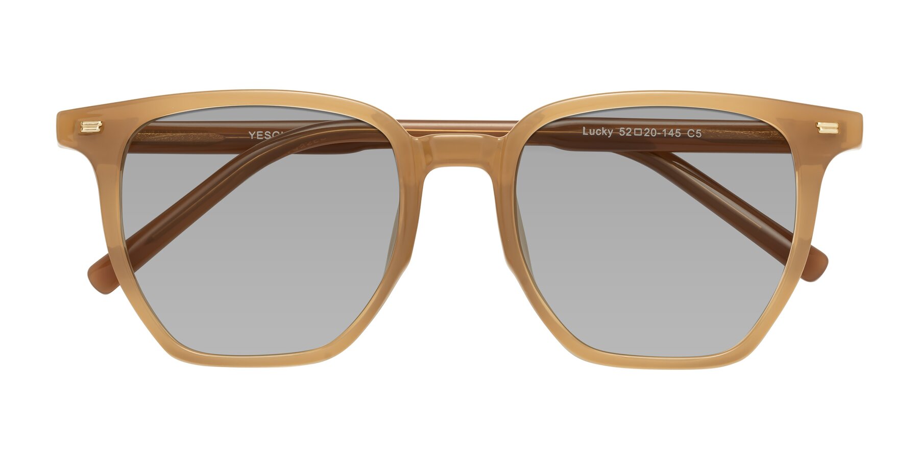 Folded Front of Lucky in Caramel with Light Gray Tinted Lenses