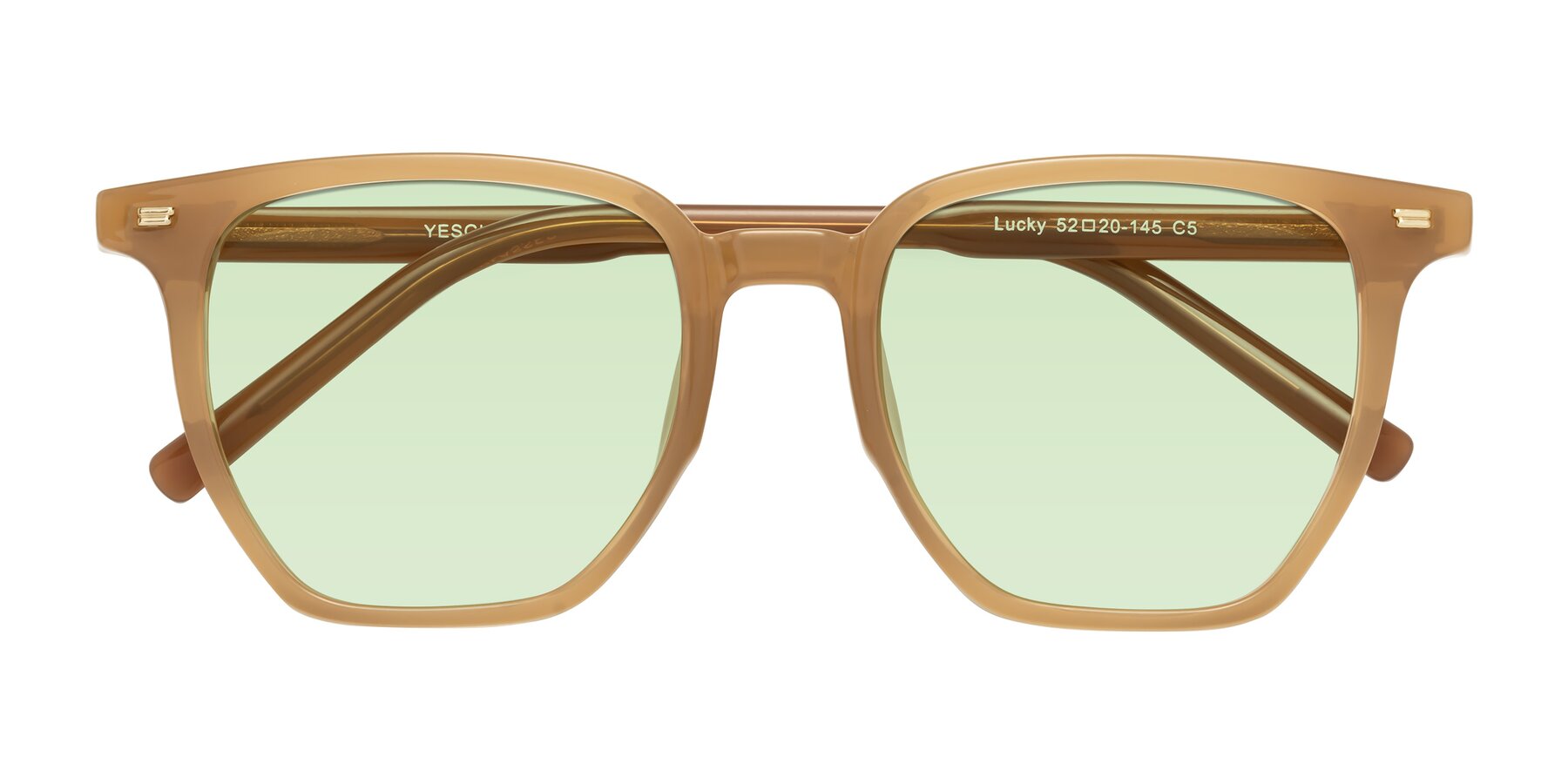 Folded Front of Lucky in Caramel with Light Green Tinted Lenses