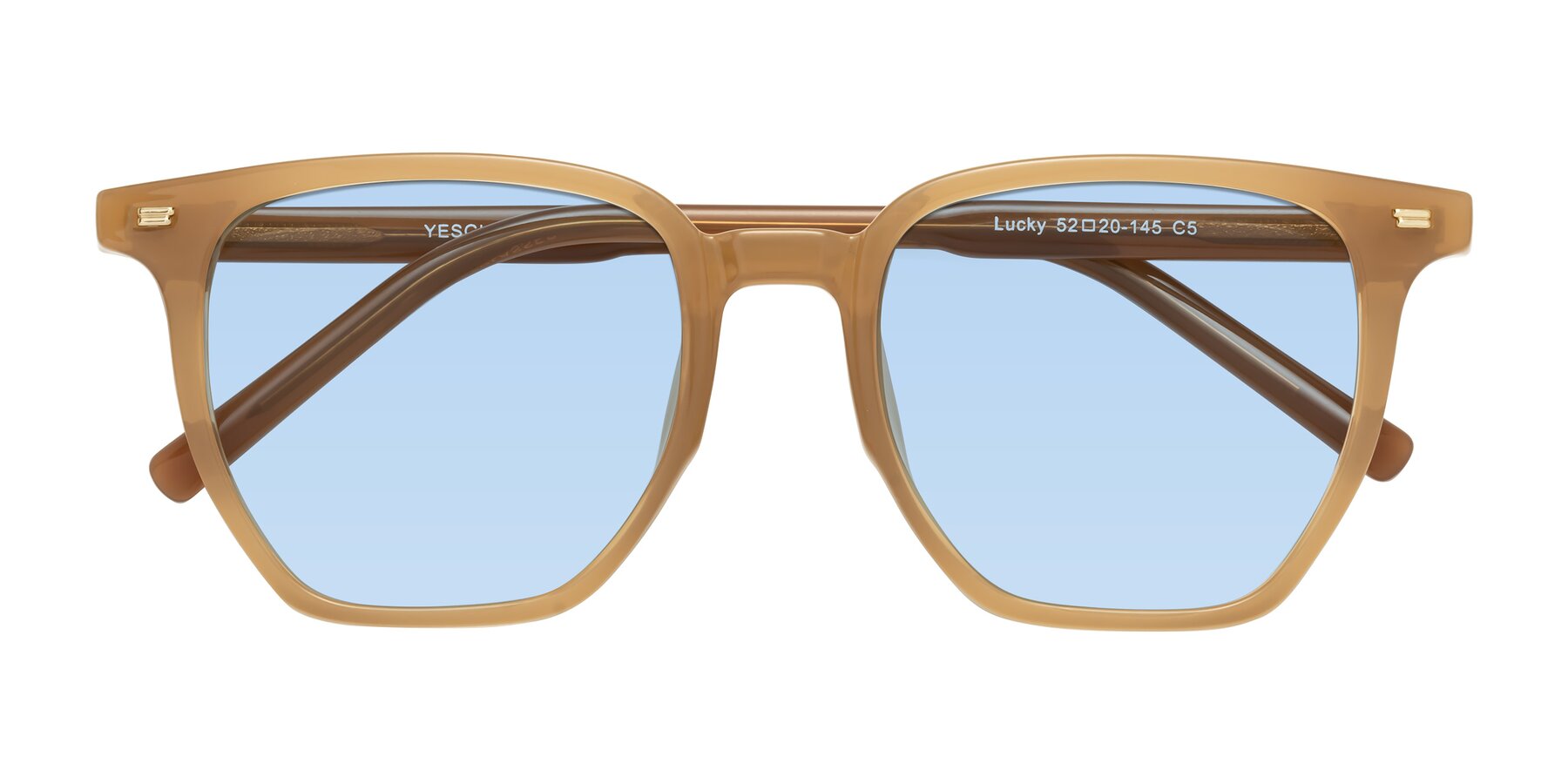 Folded Front of Lucky in Caramel with Light Blue Tinted Lenses