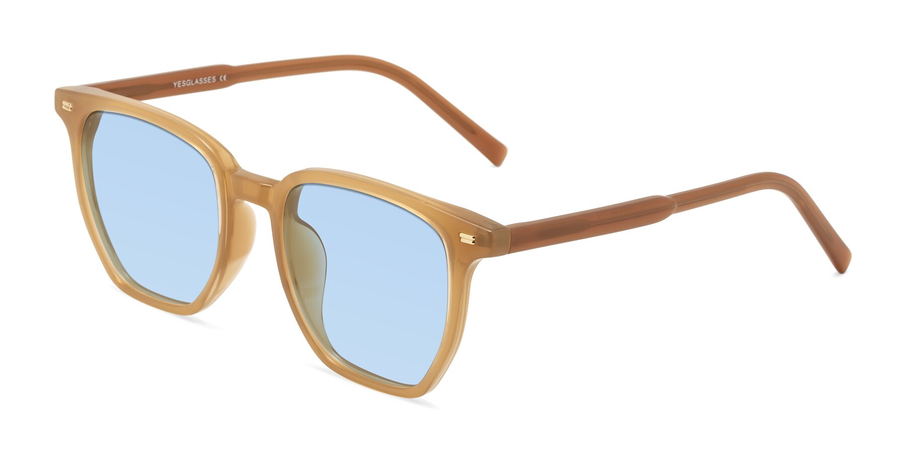 Angle of Lucky in Caramel with Light Blue Tinted Lenses