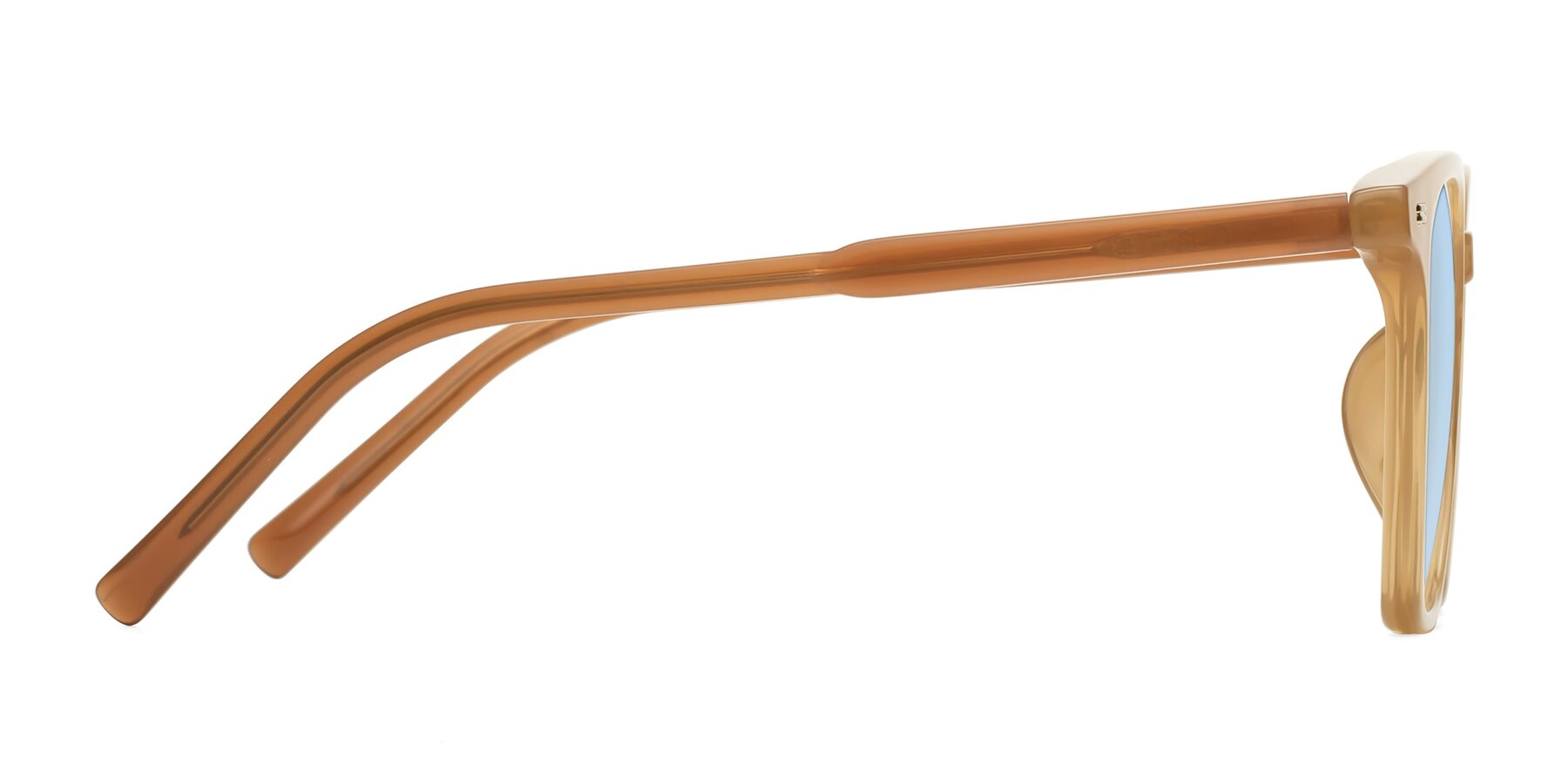 Side of Lucky in Caramel with Light Blue Tinted Lenses