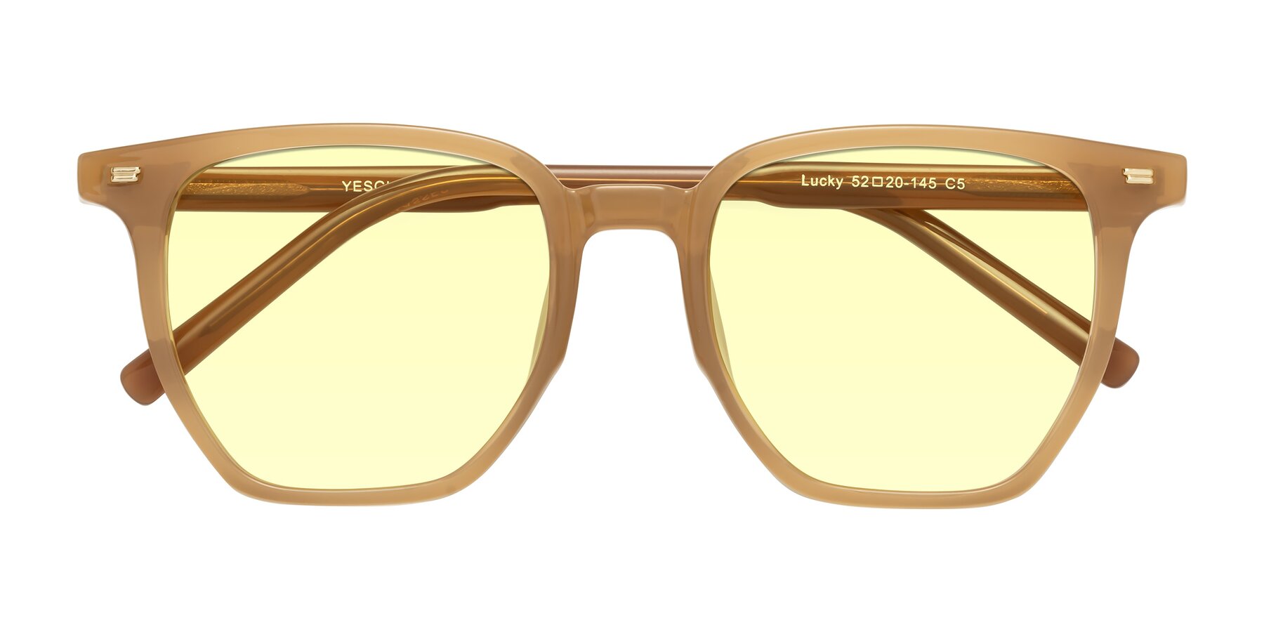 Folded Front of Lucky in Caramel with Light Yellow Tinted Lenses