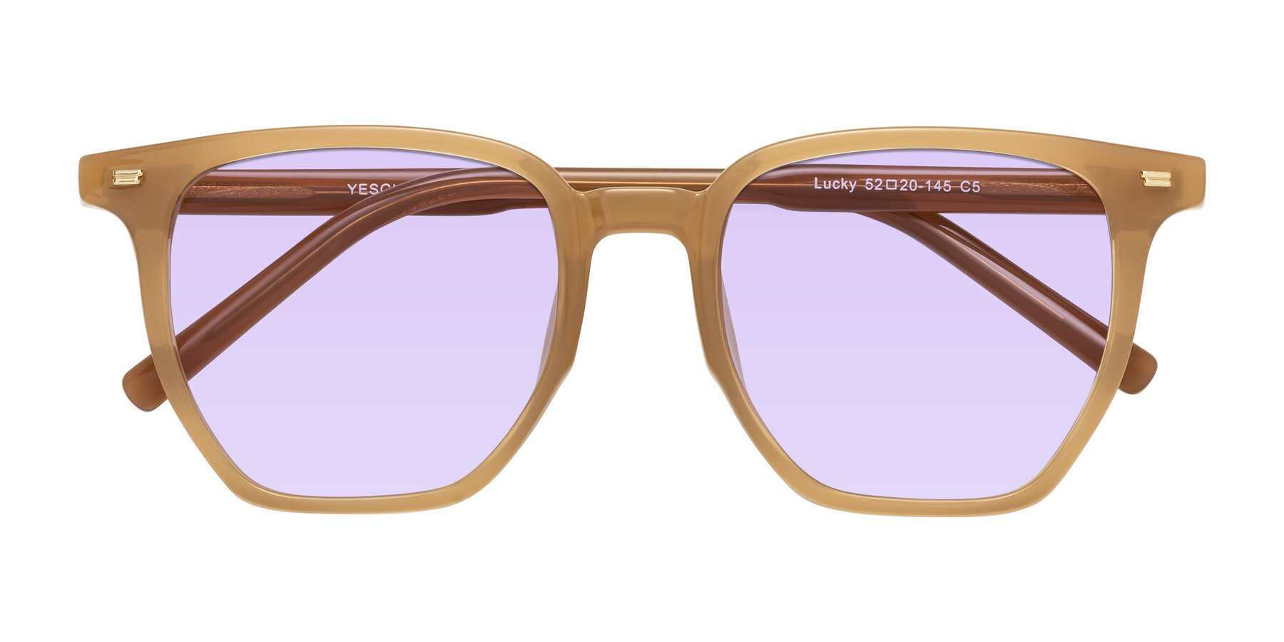 Folded Front of Lucky in Caramel with Light Purple Tinted Lenses