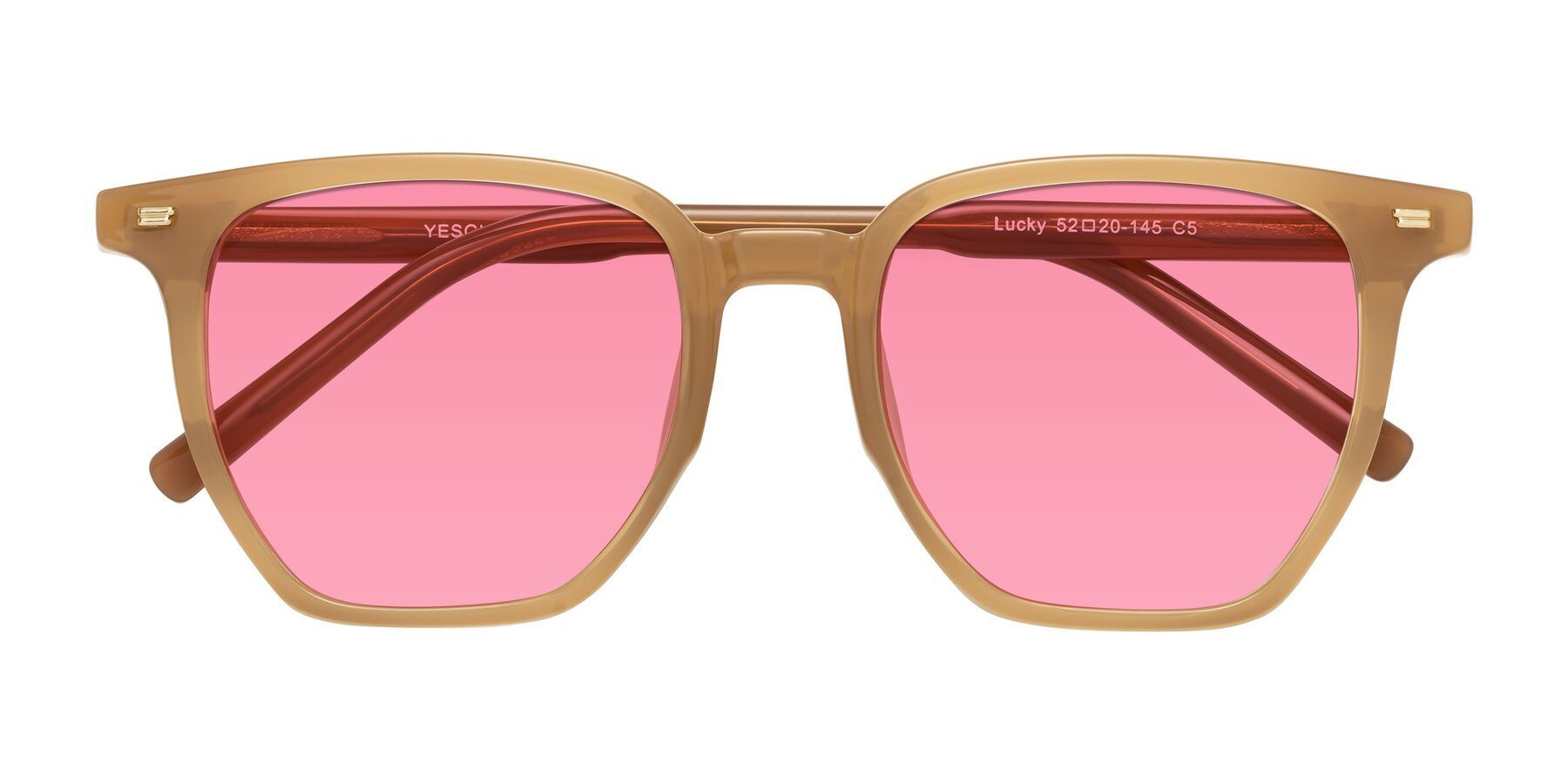 Folded Front of Lucky in Caramel with Pink Tinted Lenses